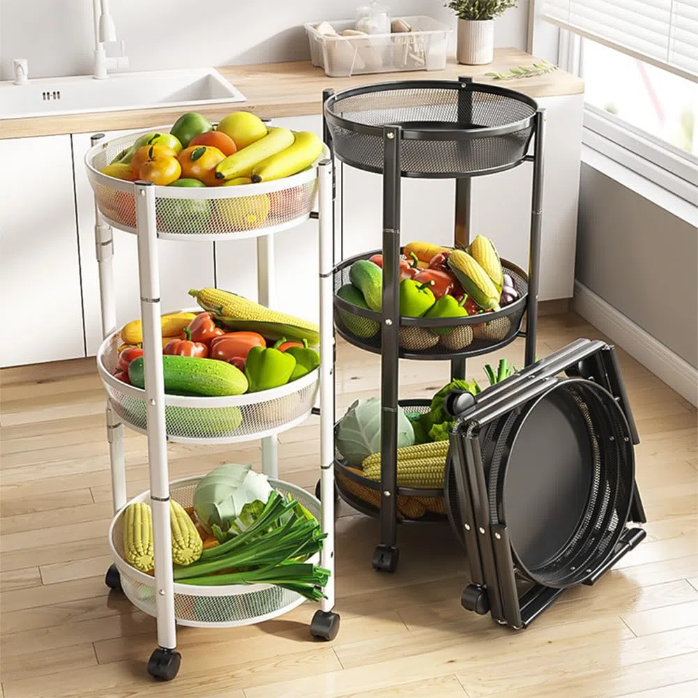 BAKAJI Carrello Pieghevole Salvaspazio Tondo a 3 Ripiani in Metallo, Carrellino Richiudibile Ergonomico Rotondo, Organizer 88 x 35 cm Ideale per Bagno, Cucina, Ufficio con 4 Ruote (Nero)