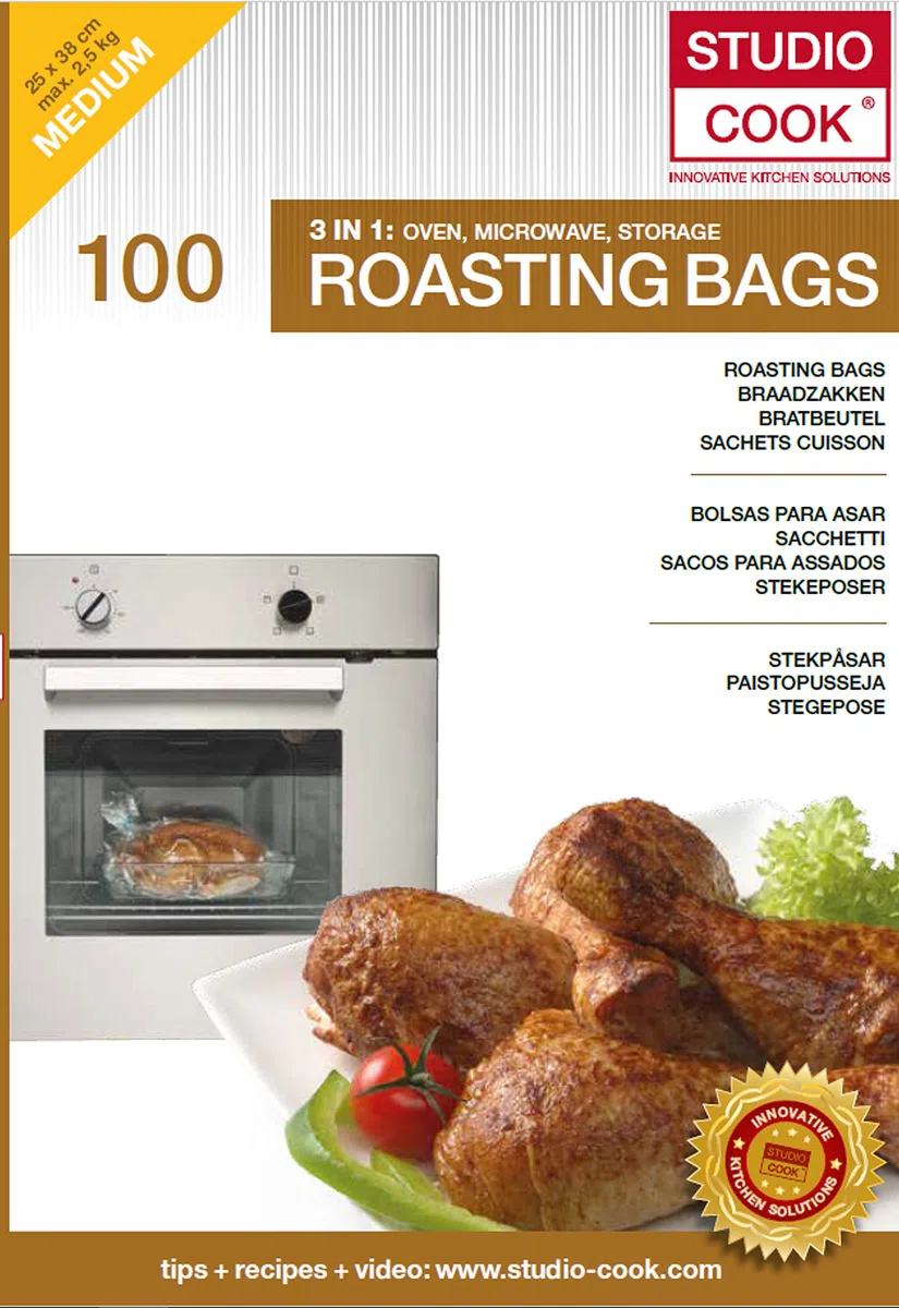 100 sacchetti 3 in 1, per arrostire, cuocere a vapore e conservare, contenuto 100 pezzi, misura media 25 x 38 cm, fino a max. 2,5 kg. Adatti per il microonde.