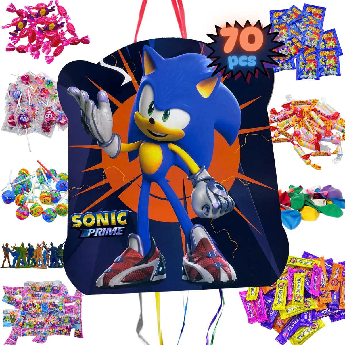 Pignata Sonic + Pack 70 Chuches Senza glutine e Giocattoli Pignata - Ananas Compleanno - Compleanno Sonic - Ananas - Riempimento pignata per bambini - Chuches - Decorazione festa - PARTY4EVER