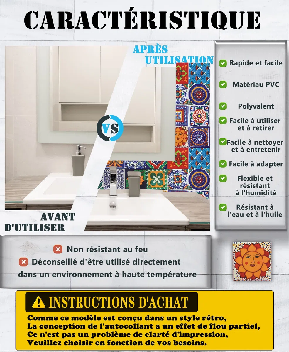 24Pz Adesivi per Piastrelle Decorazione Murale Bagno Cucina Parete Adesivi Impermeabile PVC Adesivi Decorazione - Adesivo 2D con Design retrò in Stile Mosaico (15x15cm)
