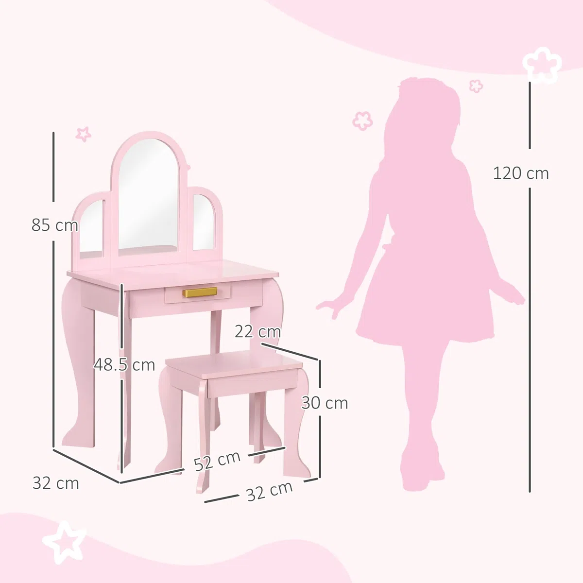 HOMCOM Tavolo per Trucco per Bambine 3-6 Anni con Sgabello, Cassetti e Specchio Coordinato in Acrilico, in MDF e Legno di Pino, Rosa