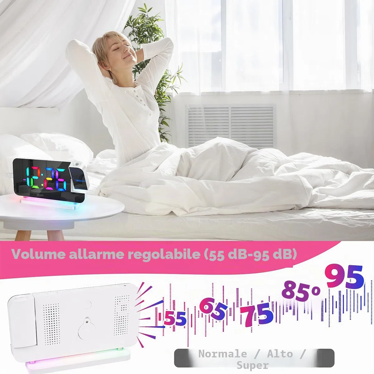 Euakee Sveglia Digitale, Sveglia con Proiezione, Orologio a Specchio LED da 7,4”, Luce Notturna a 10 Colori, Proiettore Ruotabile di 180°, Caricatore USB-C per Bambini Cameretta (Bianco)