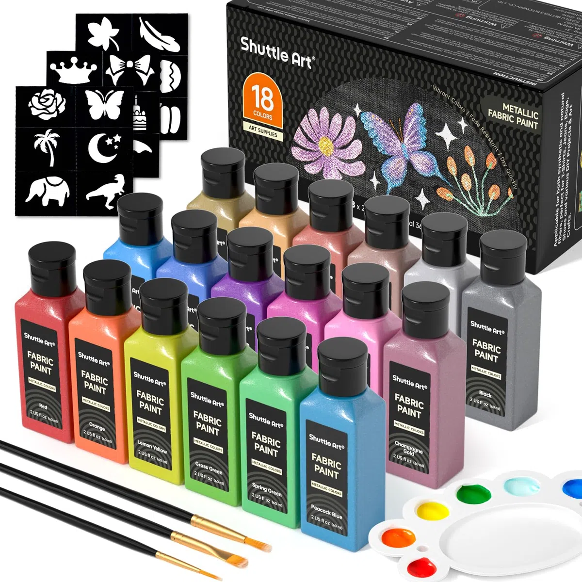 Shuttle Art 18 colori metallici per tessuti lavabili in lavatrice, colori resistenti al lavaggio in bottiglie, 60 ml, con pennelli, modelli, colori per tessuti per bambini su t-shirt, scarpe, jeans
