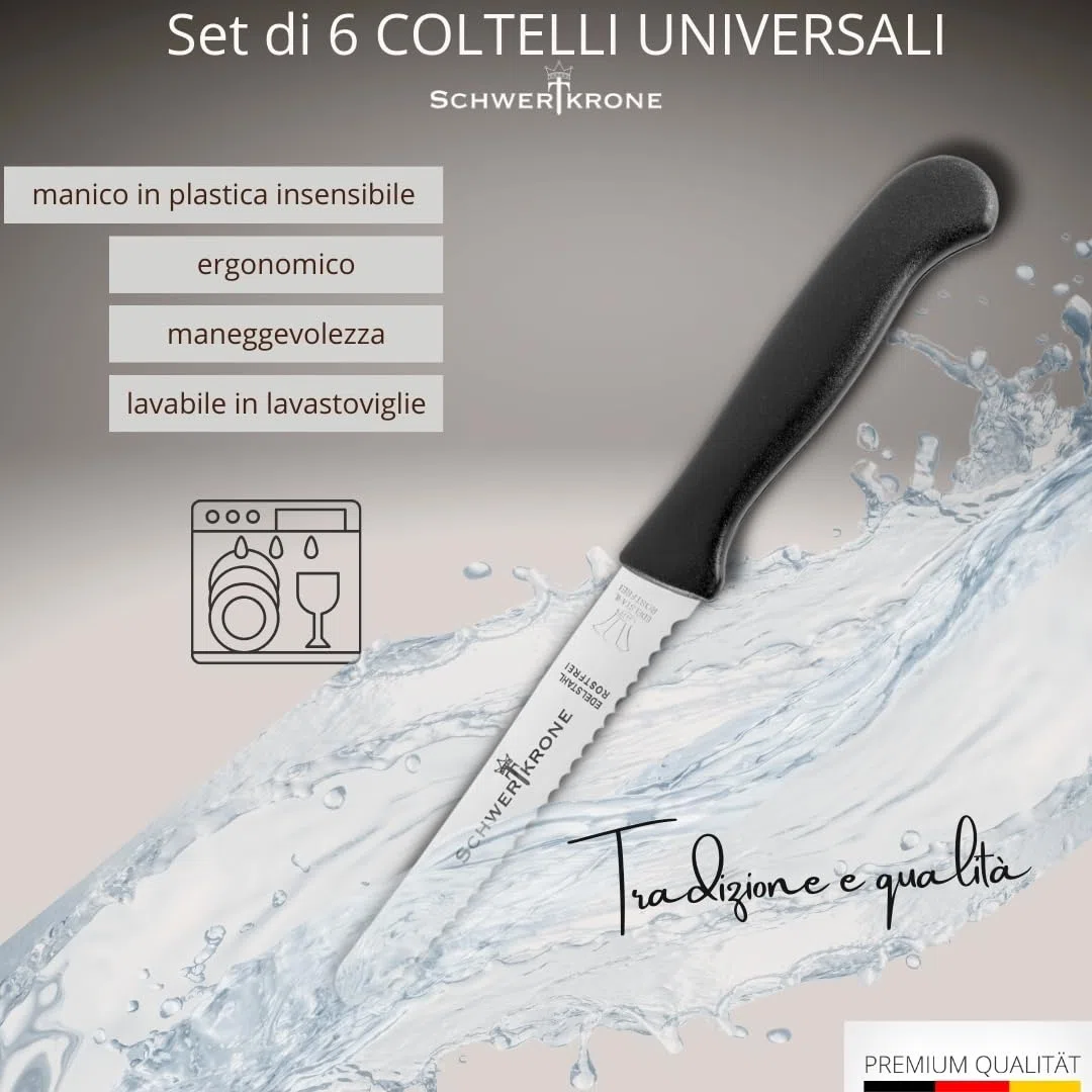 Schwertkrone Solingen Set di 6 Coltelli da Tavola - Acciaio Inox - per Pane, Panini, Verdure ecc. - Coltelli da Colazione - Prodotti in Germania