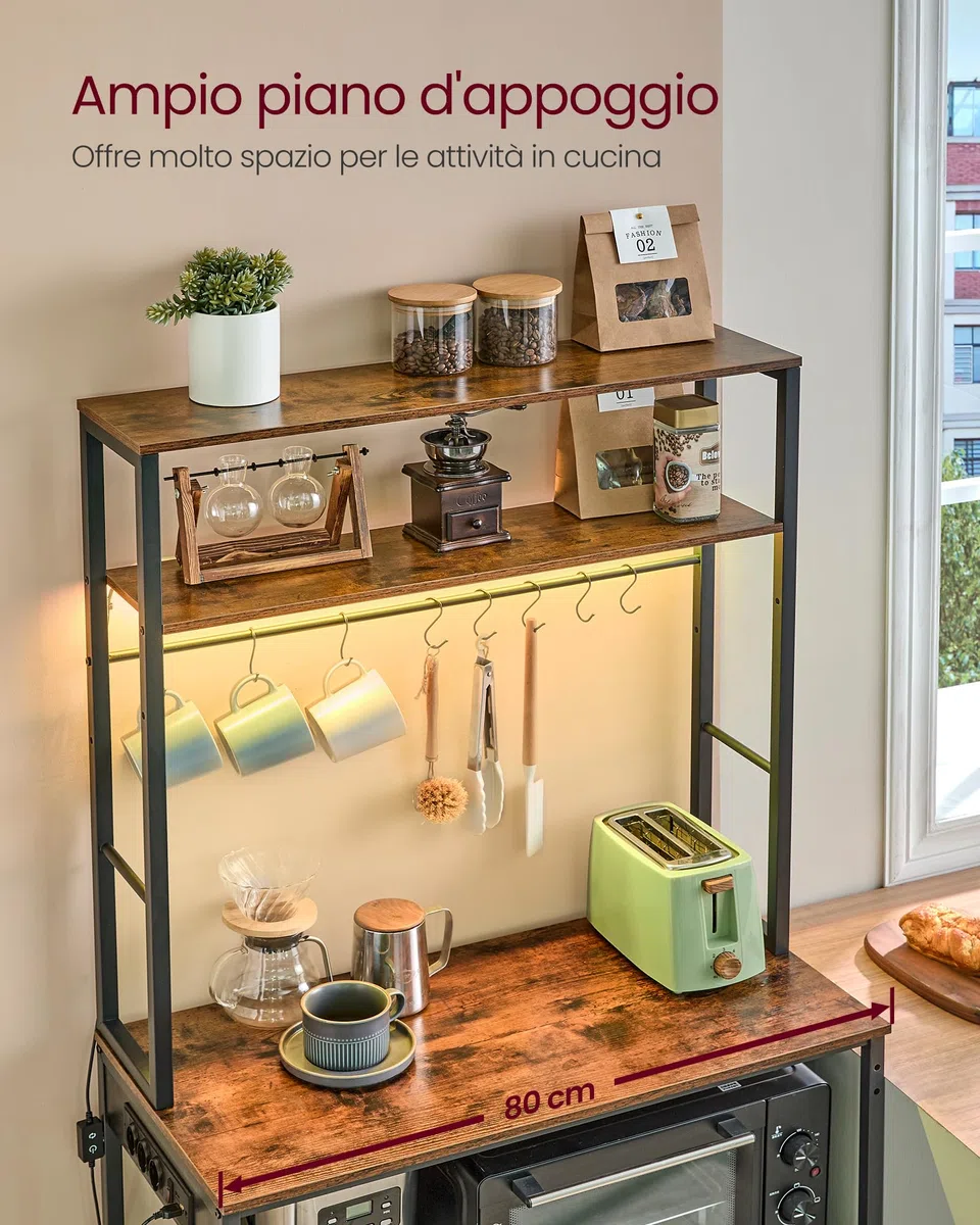 VASAGLE Scaffale da Cucina con LED, Scaffale per Microonde con Multipresa, Ripiani Regolabili, 8 Ganci, 40 x 80 x 168,4 cm, Marrone Vintage e Nero Opaco KKS050KD01