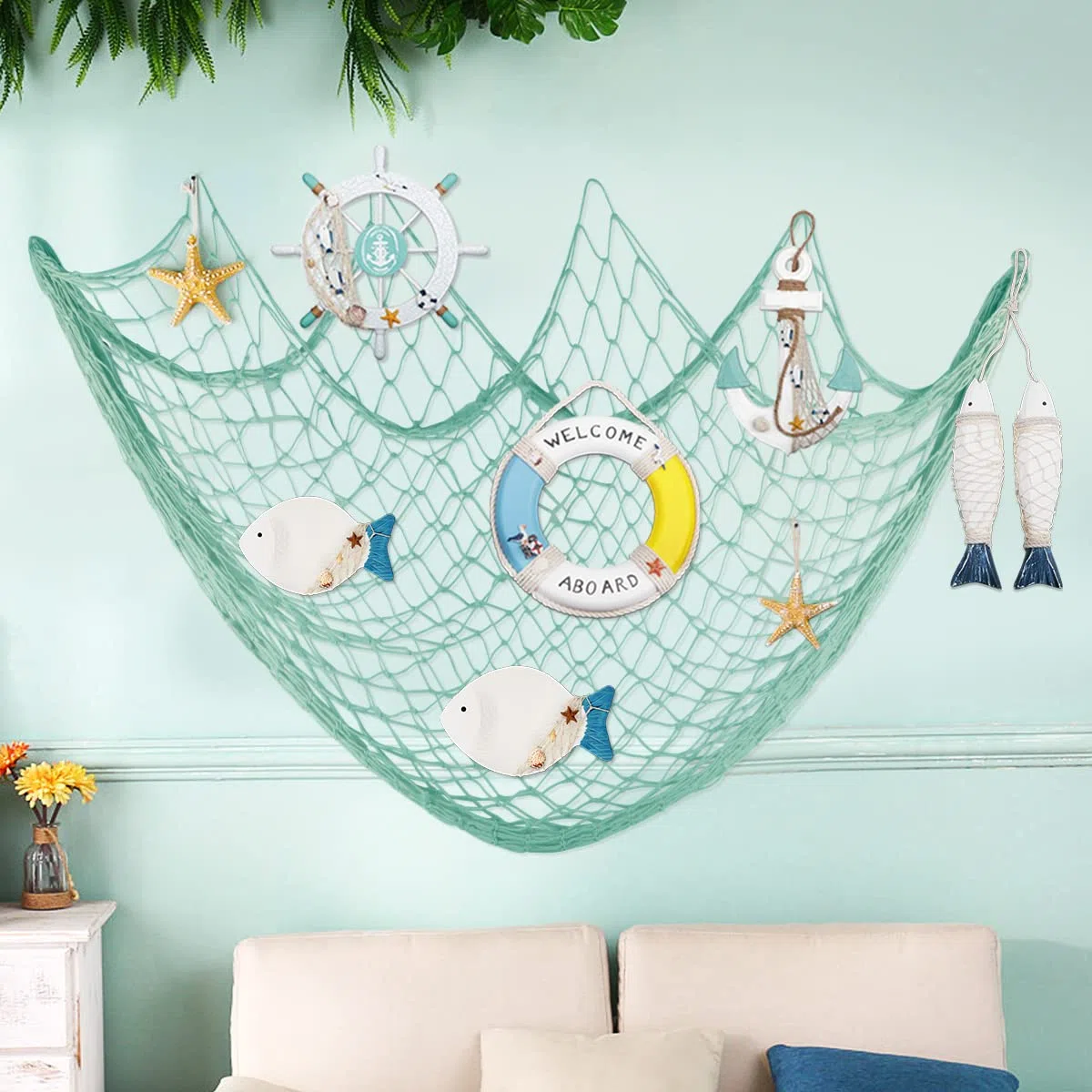 Fangoo 200 CM x 150 CM Rete da pesca con conchiglie Decorazioni a tema da spiaggia per la festa in casa Soggiorno Camera da letto Decorazioni in stile mediterraneo Decorazioni murali (Verde-B)