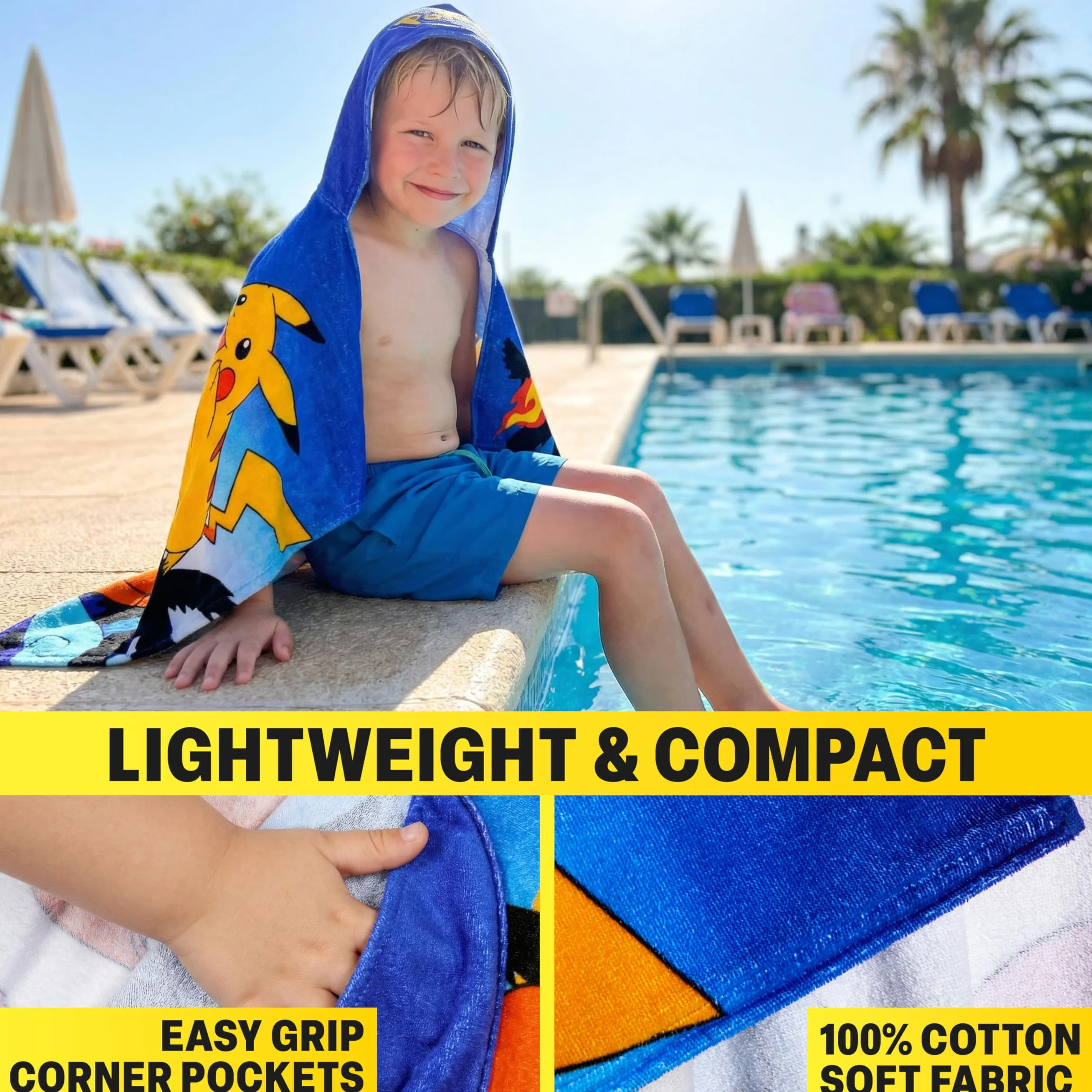 Pokemon Incappucciato Asciugamani Bagno Ragazzi, Assorbente Asciugamano Cotone, Piscina, Nuoto e Asciugamano da Mare, Morbido Poncho da Bagno, Accessori Viaggio, Estivo Regalo Ragazzi (Multi Pokemon)