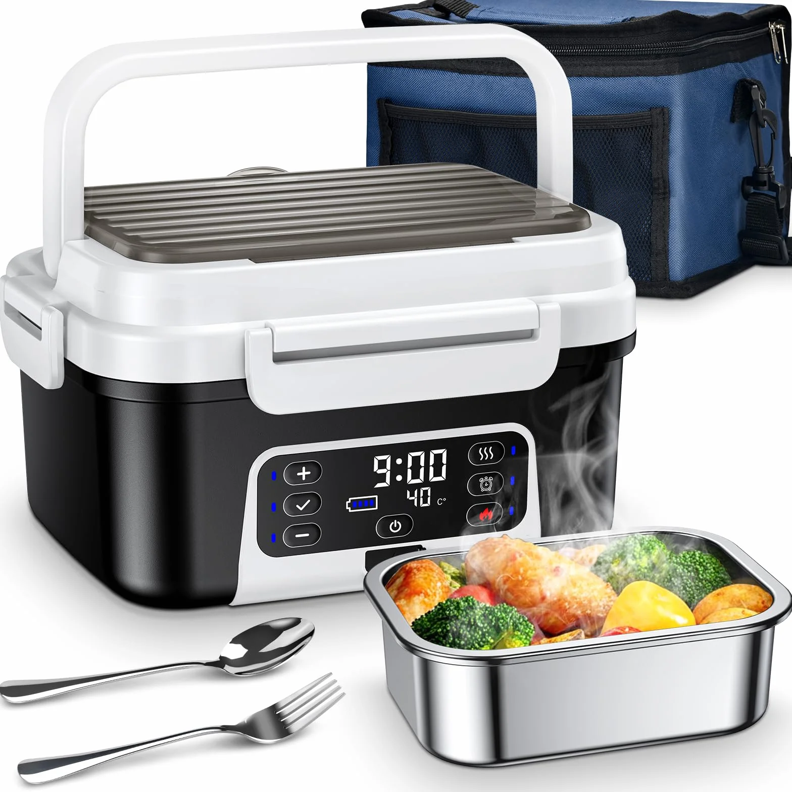 Scaldavivande Elettrico Portatile, 1.5L Porta Pranzo Riscaldabile con Timer, Per Ufficio, Cantiere, Viaggio, Auto, Scaldavivande a Batteria Ricaricabile | Heated Lunch Box