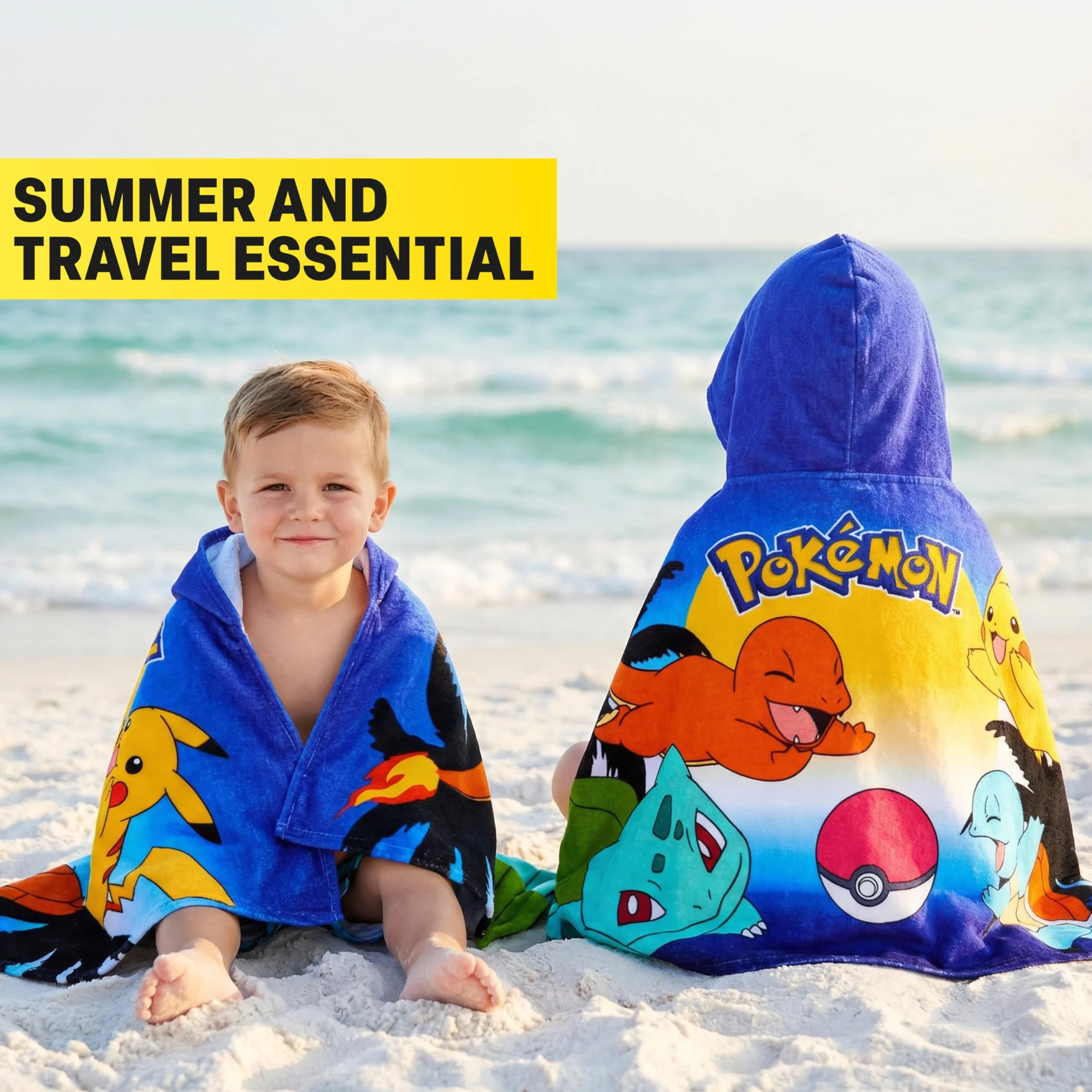 Pokemon Incappucciato Asciugamani Bagno Ragazzi, Assorbente Asciugamano Cotone, Piscina, Nuoto e Asciugamano da Mare, Morbido Poncho da Bagno, Accessori Viaggio, Estivo Regalo Ragazzi (Multi Pokemon)