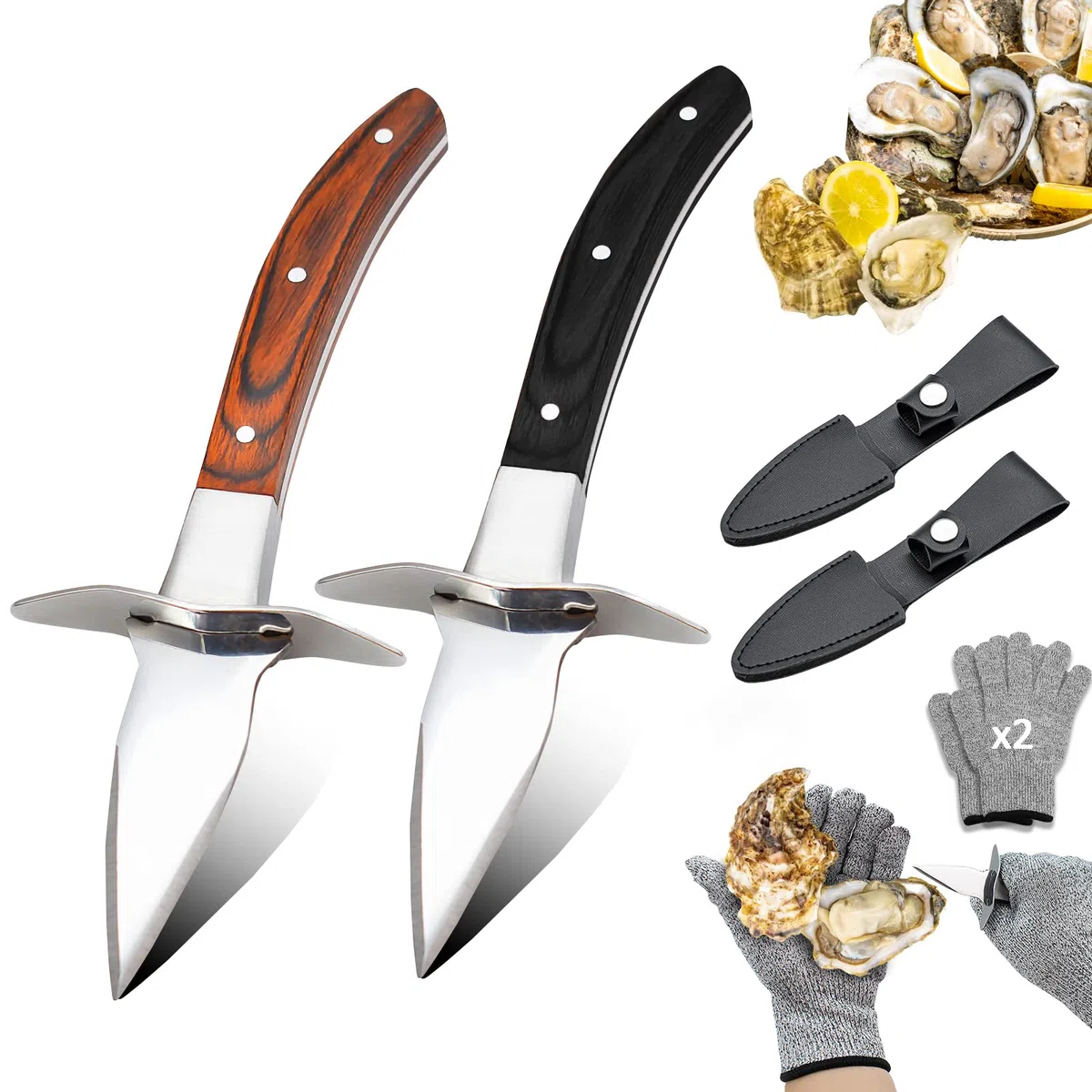 TWUTGAYW 2 x Coltelli per Ostriche, Coltelli Professionali per Ostriche, 2 Paio di guanti da Taglio di Classe 5 per la Manipolazione di Ostriche, Conchiglie, Frutti di Mare…