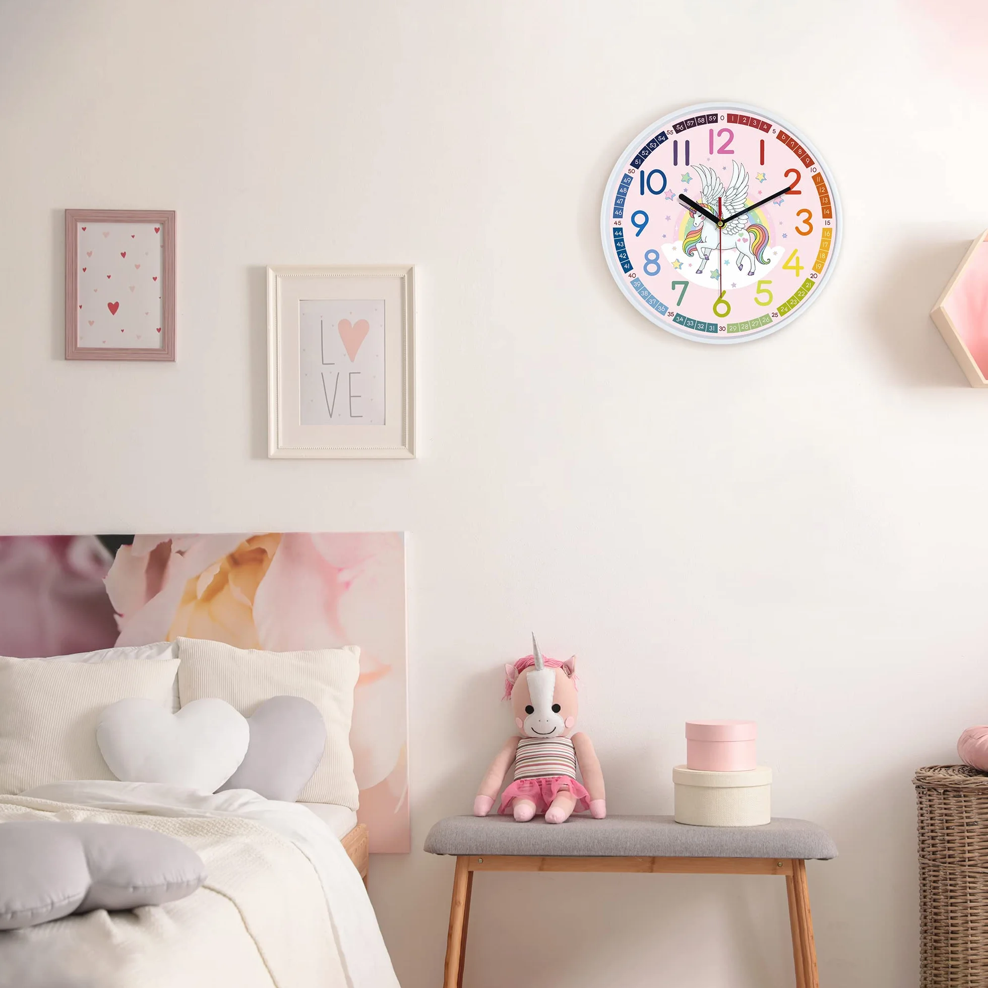 Lafocuse Orologio da Parete Unicorno Ragazze Silenzioso, Moderno Rosa Orologio Bambini, Creativo Design senza Ticchettio per Cameretta Bambini Soggiorno Scuola 30cm