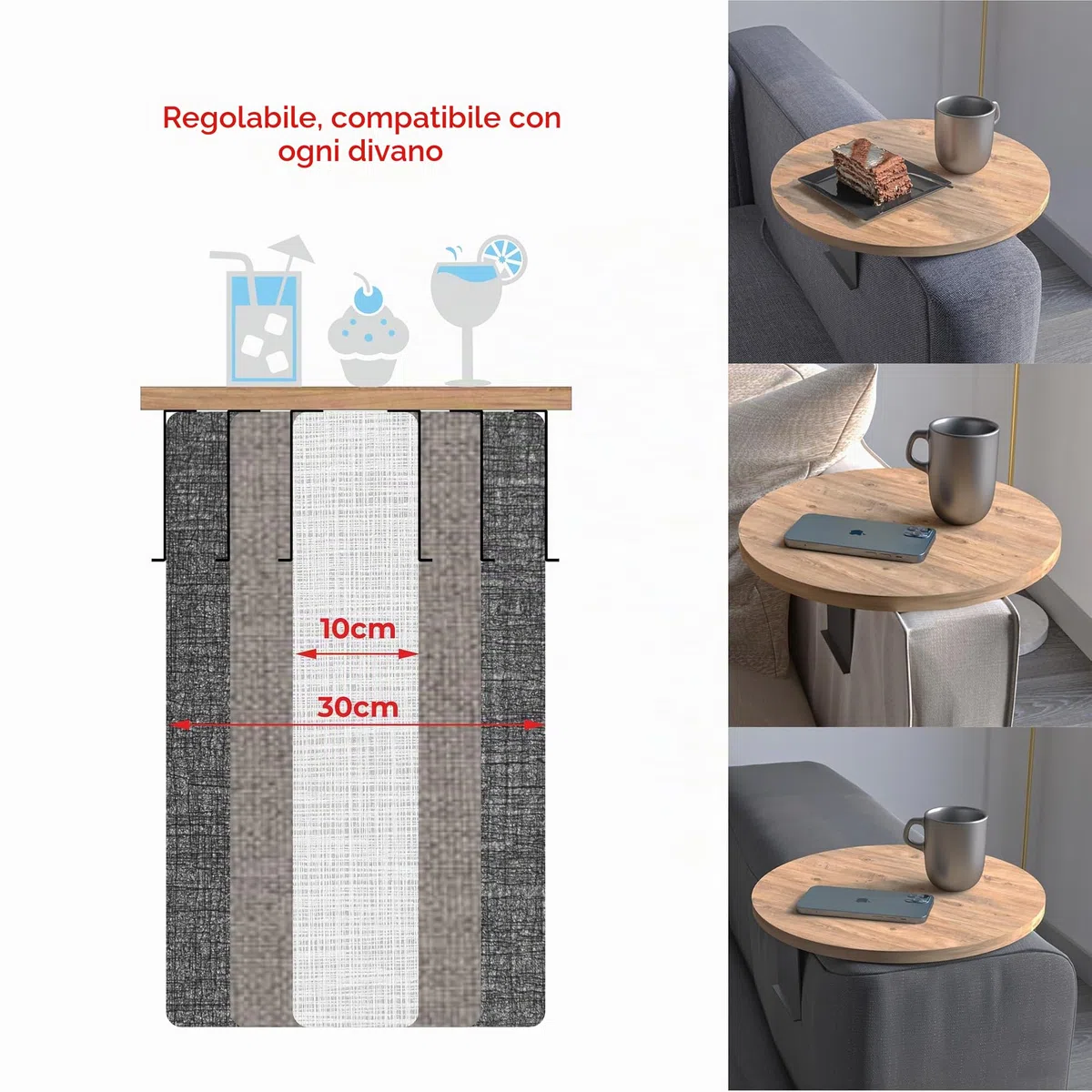 Vassoio da divano con bracciolo, vassoio regolabile per divano e bevande, design speciale, pratico supporto in metallo, diametro 35 cm (effetto legno)