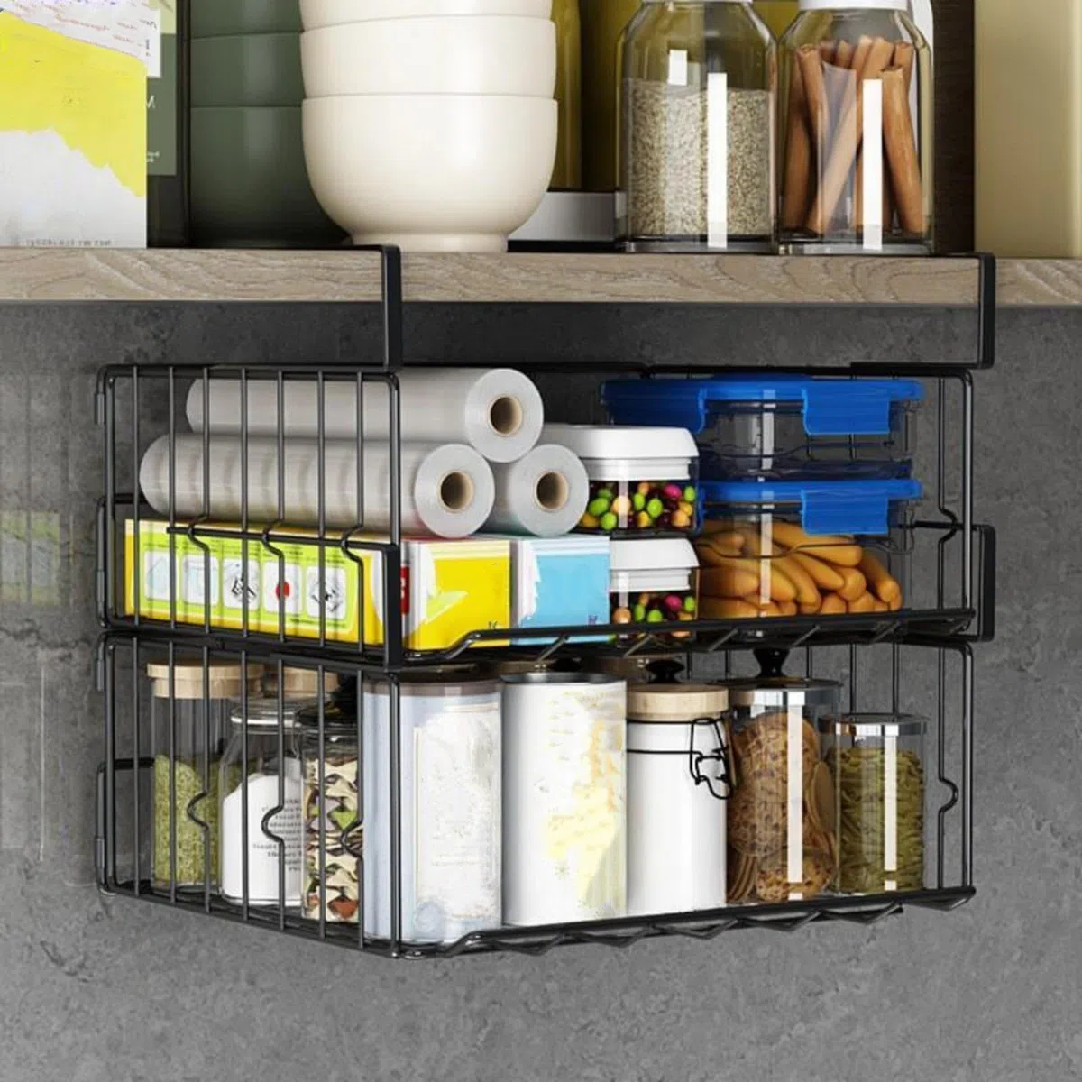 2 Pezzi Cesto Portaoggetti Pieghevole, Scaffale Sotto Cabinet Pieghevole Metallo Cestino da Appendere per Cucina, Armadio, Dispensa, Ufficio, Bagno, libreria (Nero)