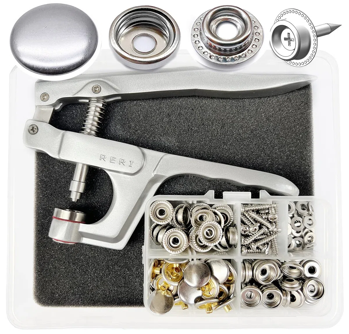 Set di 60 bottoni automatici con pinza, 15 mm, in metallo, set di 60 pezzi, per coperture per barche, riparazione di tela, cucito, riparazioni fai da te