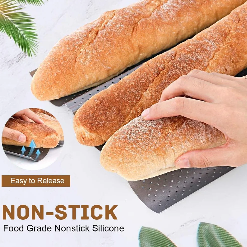 Teglia da forno per baguette, teglia da forno per 3 baguette, teglia per baguette, teglia da forno per baguette, 38,5 x 28,5 cm