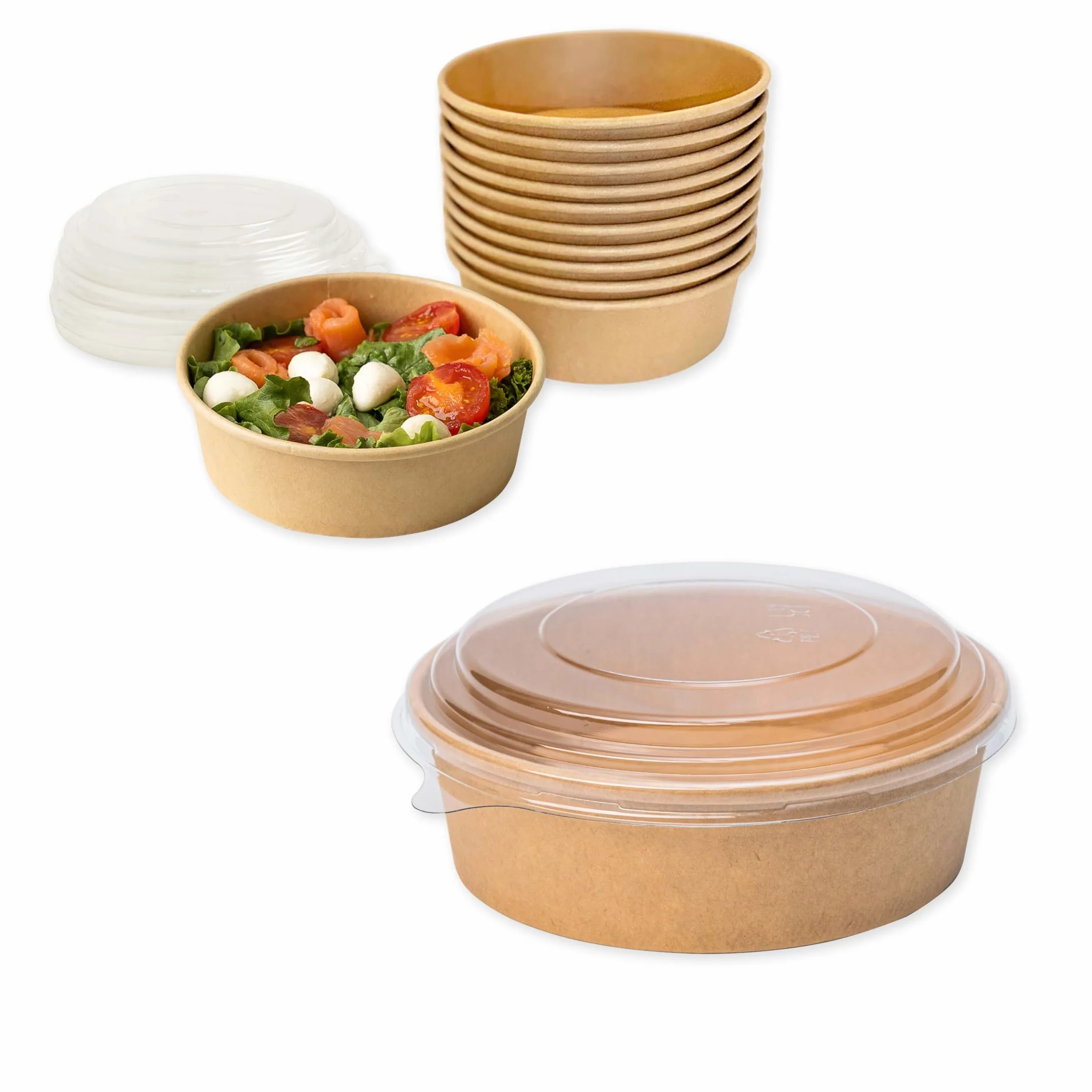 Ciotole per Insalata in Carta Kraft con Coperchio PP 500 ml - Confezione da 50 Pezzi | Contenitori Monouso Ecologici per Insalate, Poke Bowl, Cibo da Asporto