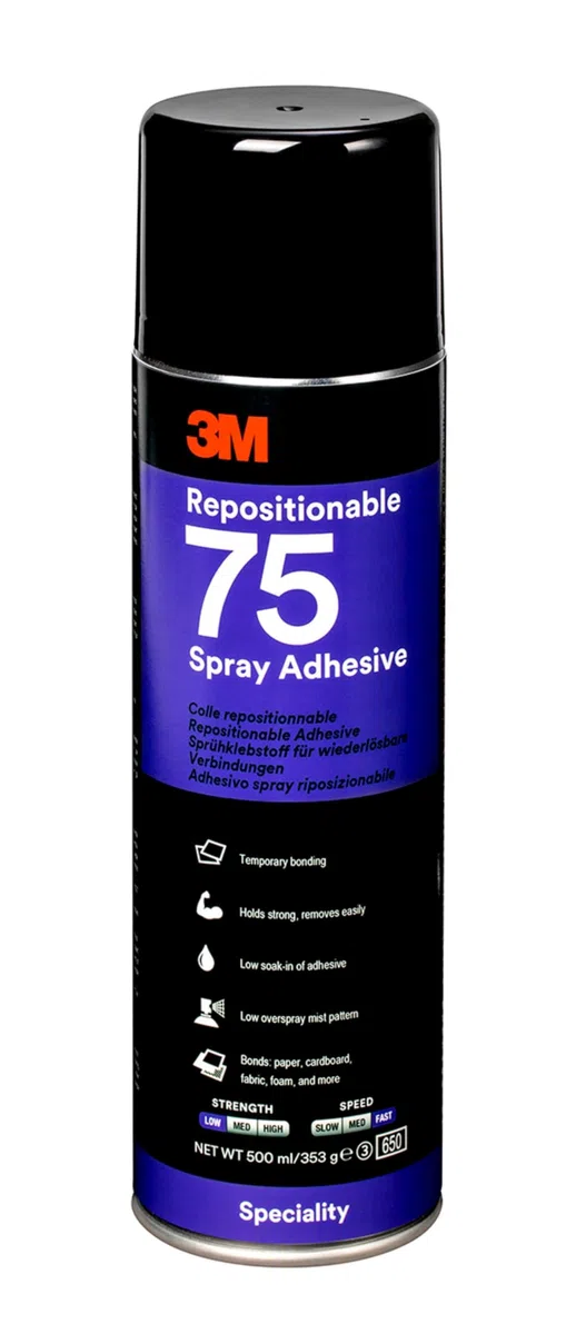3M Adesivo Spray 75 Colla Riposizionabile Spray per Materiali Leggeri, Translucido, 500 ml, 1 Pezzo