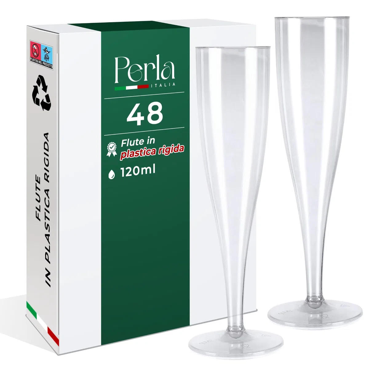 Perla, 48 Flute da Champagne Eleganti in Plastica, 120ml, Trasparenti, Resistenti e Riutilizzabili, Bicchieri da Brindisi per Feste, Compleanni, Matrimoni, Natale, Capodanno