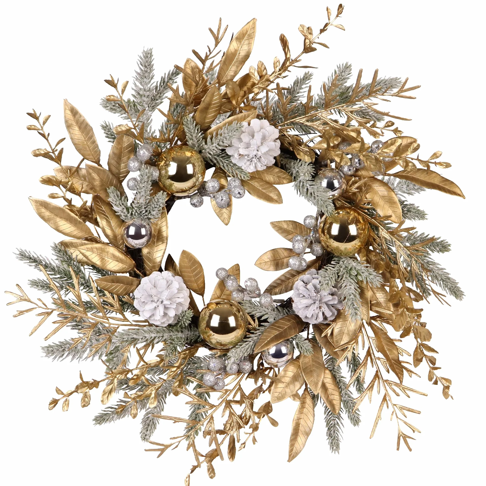 Zavothy Ghirlanda Natalizia per Porta Natalizia, 50 cm, Ghirlanda Artificiale con Pigne e Palline di Natale, Corona dell'Avvento, Decorazione Natalizia, Oro