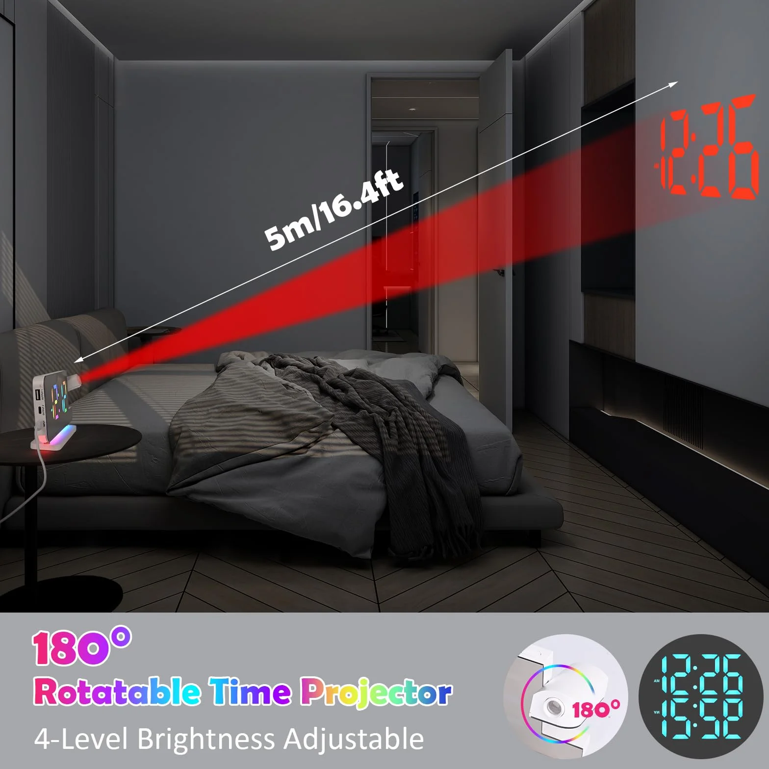 Euakee Sveglia Digitale, Sveglia con Proiezione, Orologio a Specchio LED da 7,4”, Luce Notturna a 10 Colori, Proiettore Ruotabile di 180°, Caricatore USB-C per Bambini Cameretta (Bianco)