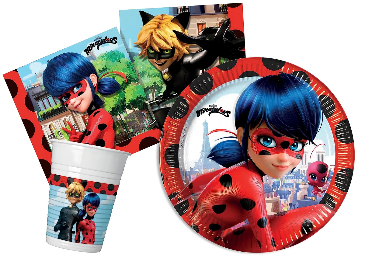 Kit Party Tavola Miraculous Ladybug per 24 persone (88 pezzi: 24 piatti Ø23cm, 24 bicchieri 200ml, 40 tovaglioli 33x33cm)