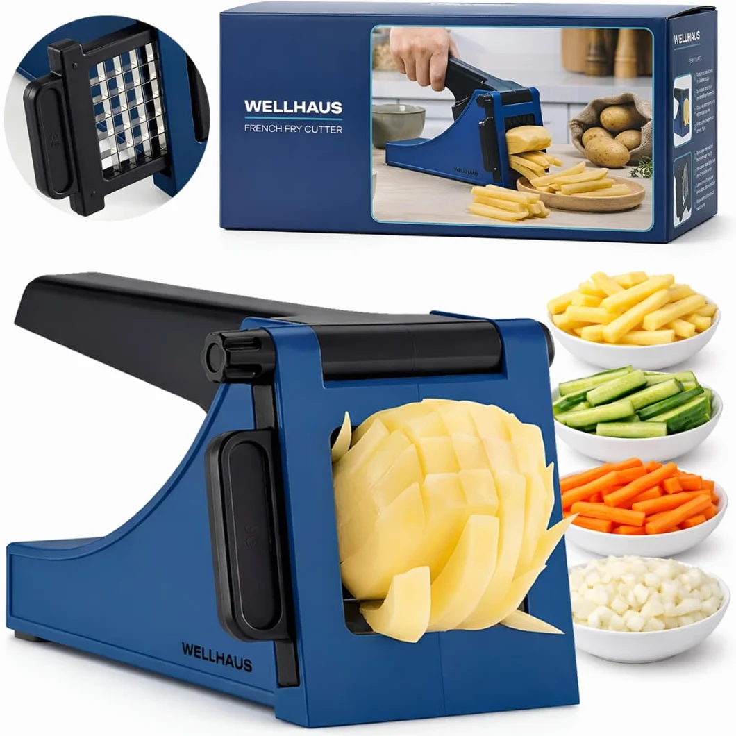 Affettatrice per patatine fritte - affettatrice per patate in plastica, pressa patate, lama per tagliare patate in acciaio inossidabile, affettatrice per patate con supporto antiscivolo