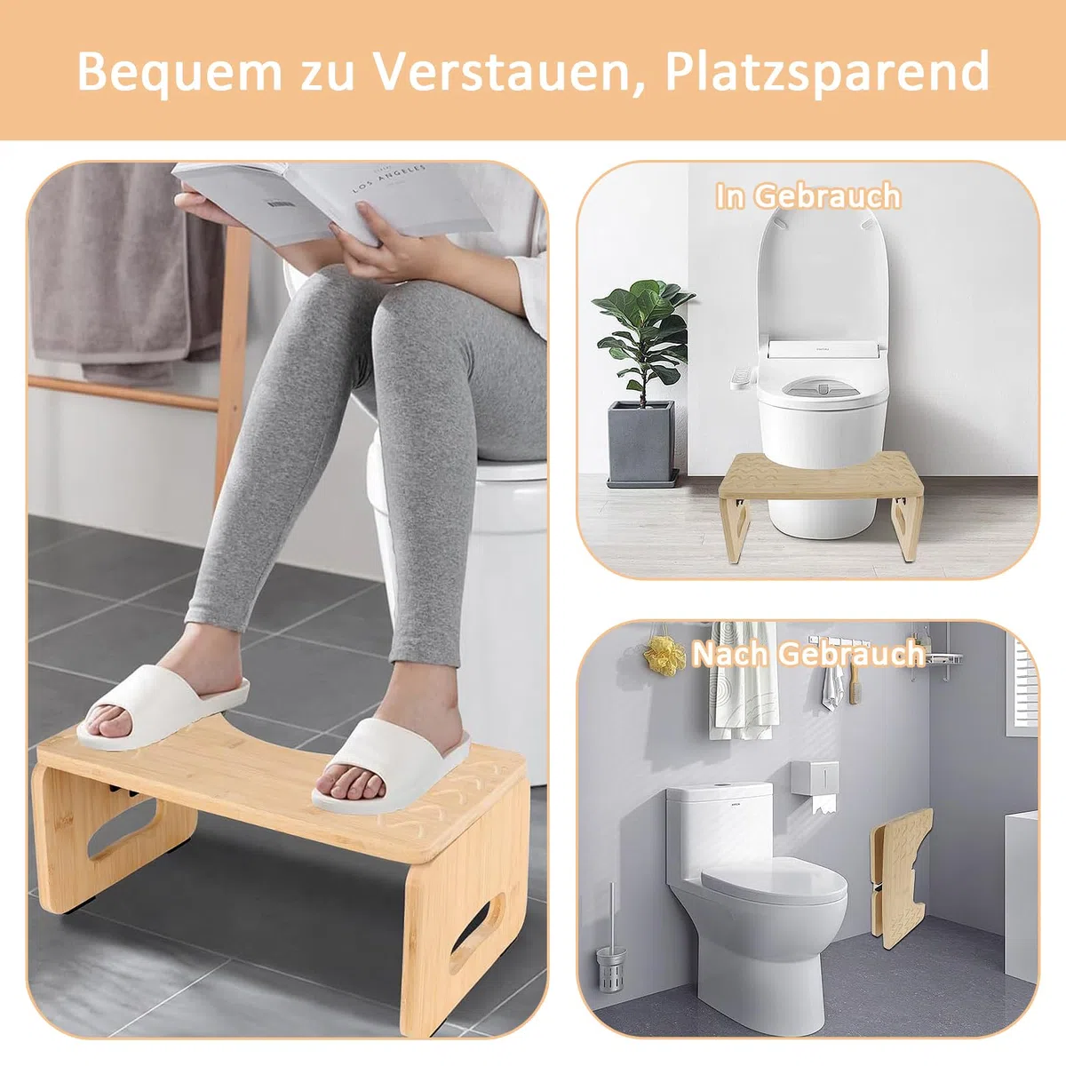 Sgabello da Toilette in Bambù, 40x21x18cm Sgabello Da Toilette in legno, Portata 100 kg, Sgabello da Toilette Pieghevole, Pedana WC a Forma di C con Cuscinetti Antiscivolo, Per Regolare la Postura