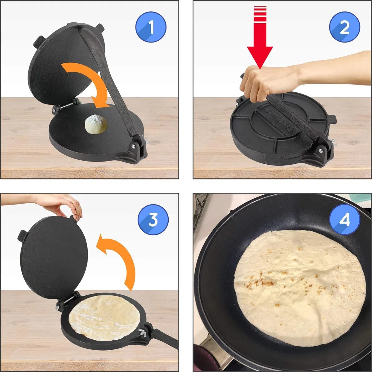 StarBlue - Stampo Per Tortilla In Ghisa Da 20,3 Cm Con 100 Pezzi Di Carta Oleata Ed Ebook Di Ricette In Omaggio, Con Strumento Per Realizzare Chapati In Stile Indiano, Tortillas, Roti