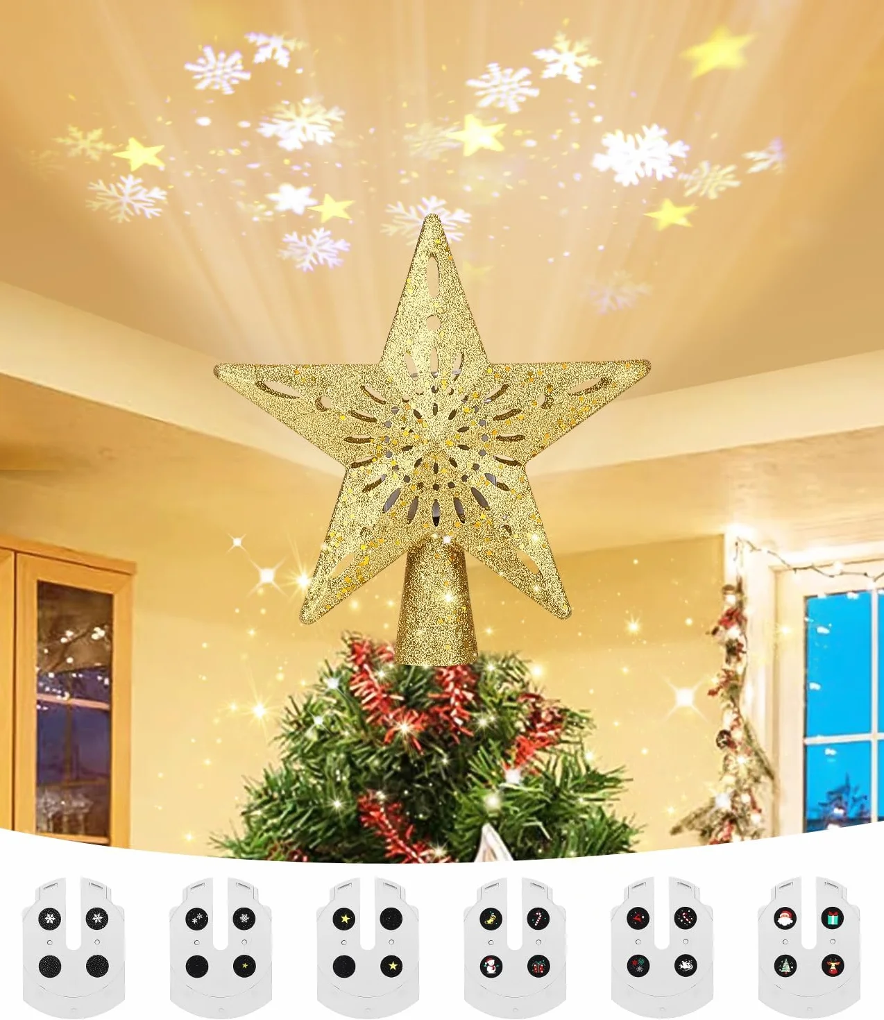 Puntale per Albero di Natale, Proiettore a LED 3D Hollow Stella, Illuminazione per Feste, Festival, Decorazione Interna (Oro)