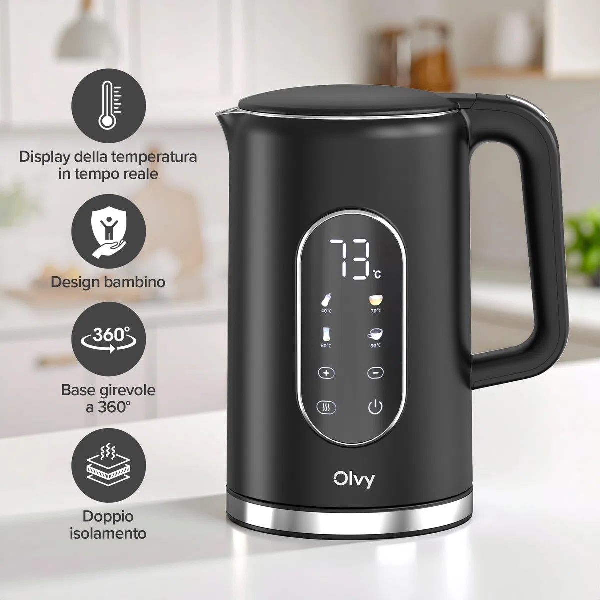 Olvy Bollitore elettrico da 1,7L senza fili, controllo della temperatura e funzione di mantenimento in caldo, doppia parete in acciaio inox Cool-Touch, filtro anticalcare – kettle elettrico 2200W