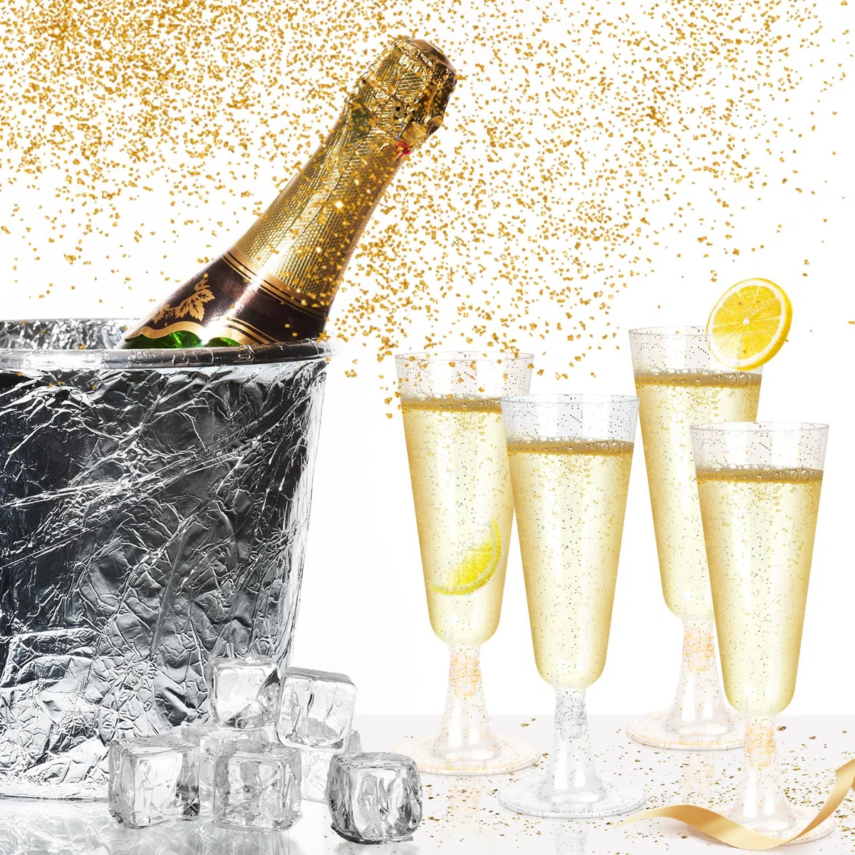 UCAMP 60 Flute da Champagne,Bicchieri Vino150ml,Trasparenti,Resistenti e Riutilizzabili,Bicchieri da Champagne con Glitter Dorati e argento,Eleganti Calici per Feste,Compleanni,Matrimoni