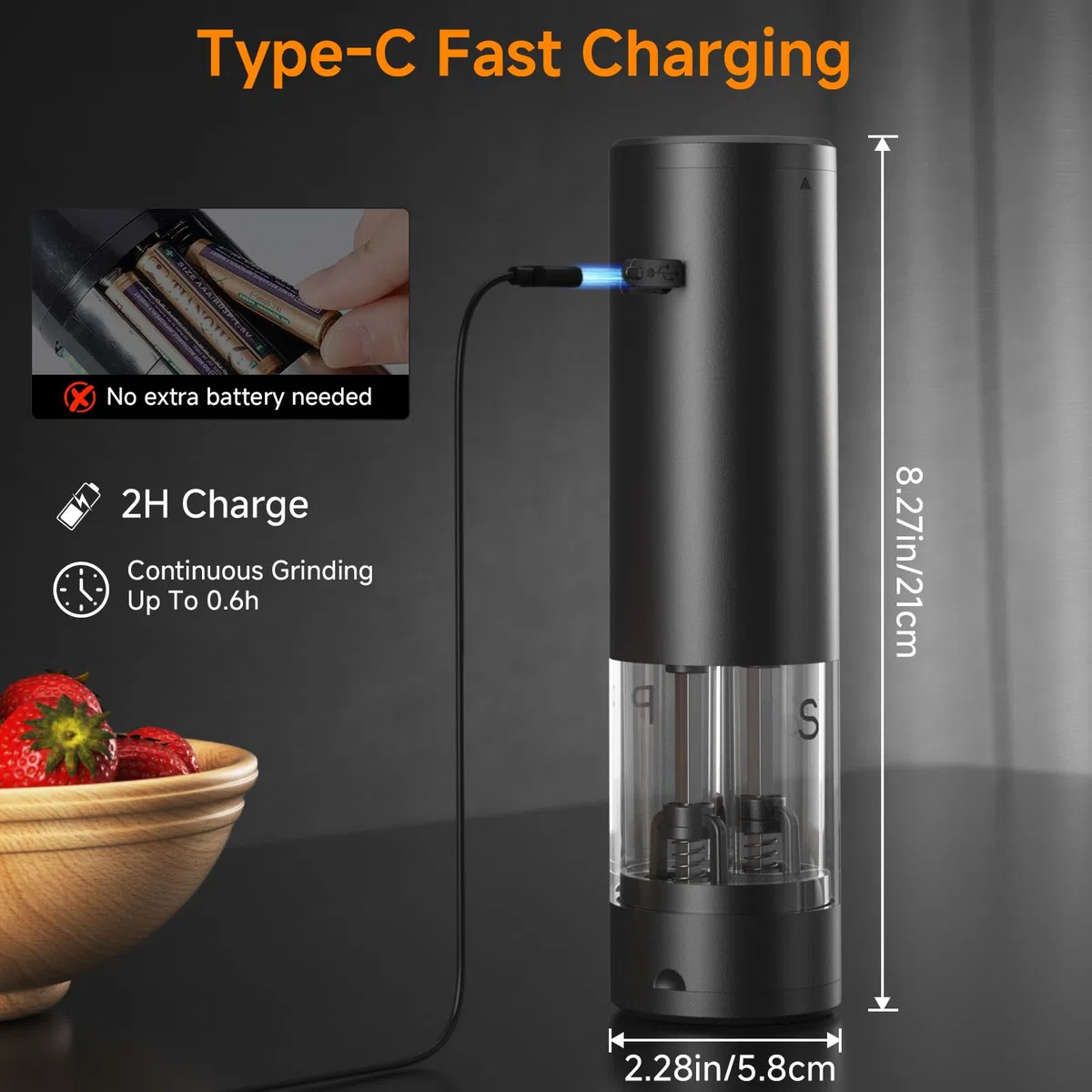 Set elettrico 2 in 1 per sale e pepe, macinapepe automatico, illuminazione a LED, macinino regolabile, grande capacità ideale per cucina e barbecue (nero)