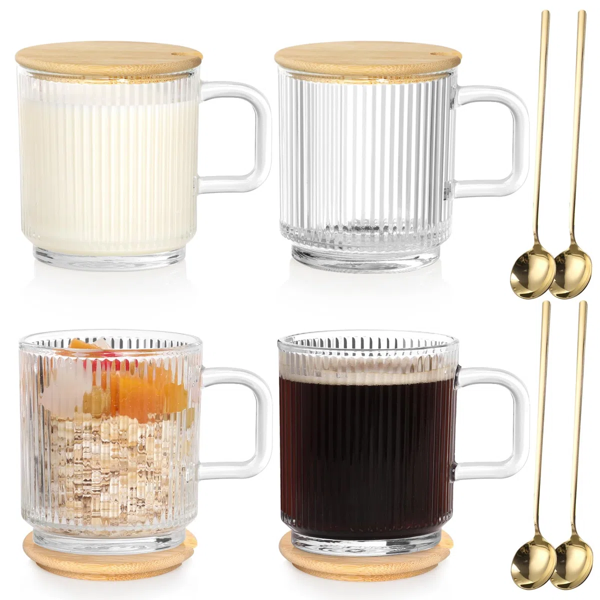 4 Pezzi Tazze Cappuccino, Tazze Colazione con Coperchio e Cucchiaio Tazza Caffè Vetro per Latte, Caffè, Avena, Yogurt, Fiocchi D'avena - 350 ml, Trasparente