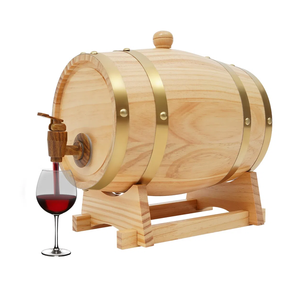 Botte di vino da 3 l, in legno originale per vino e whisky, con supporto e rubinetto ellisse, per appartamenti, bar, hotel