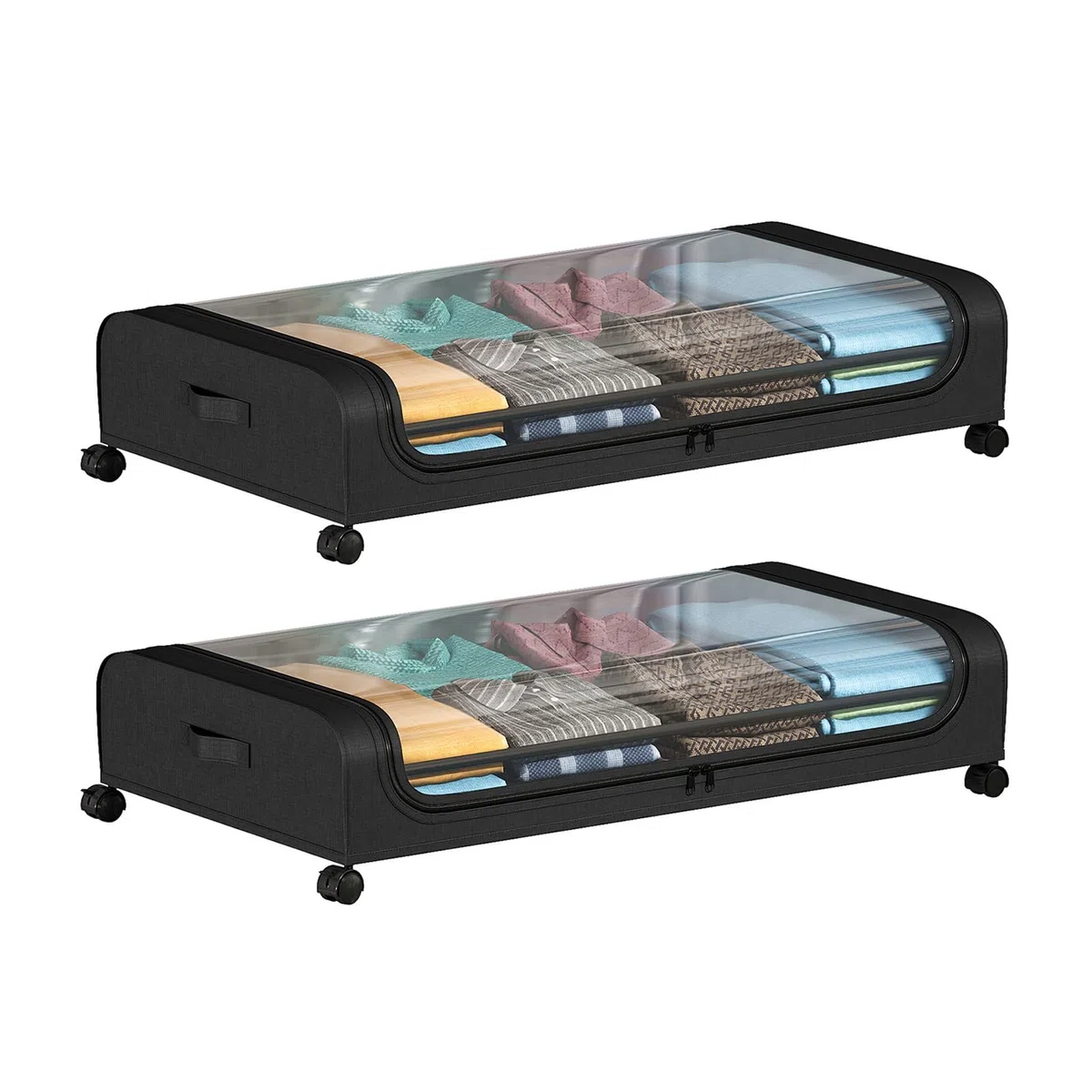 Contenitore sottoletto con ruote, 2 pezzi 80x44x18cm, con finestra trasparente, contenitore sottoletto pieghevole per vestiti, scarpe, coperte, biancheria da letto, Nero