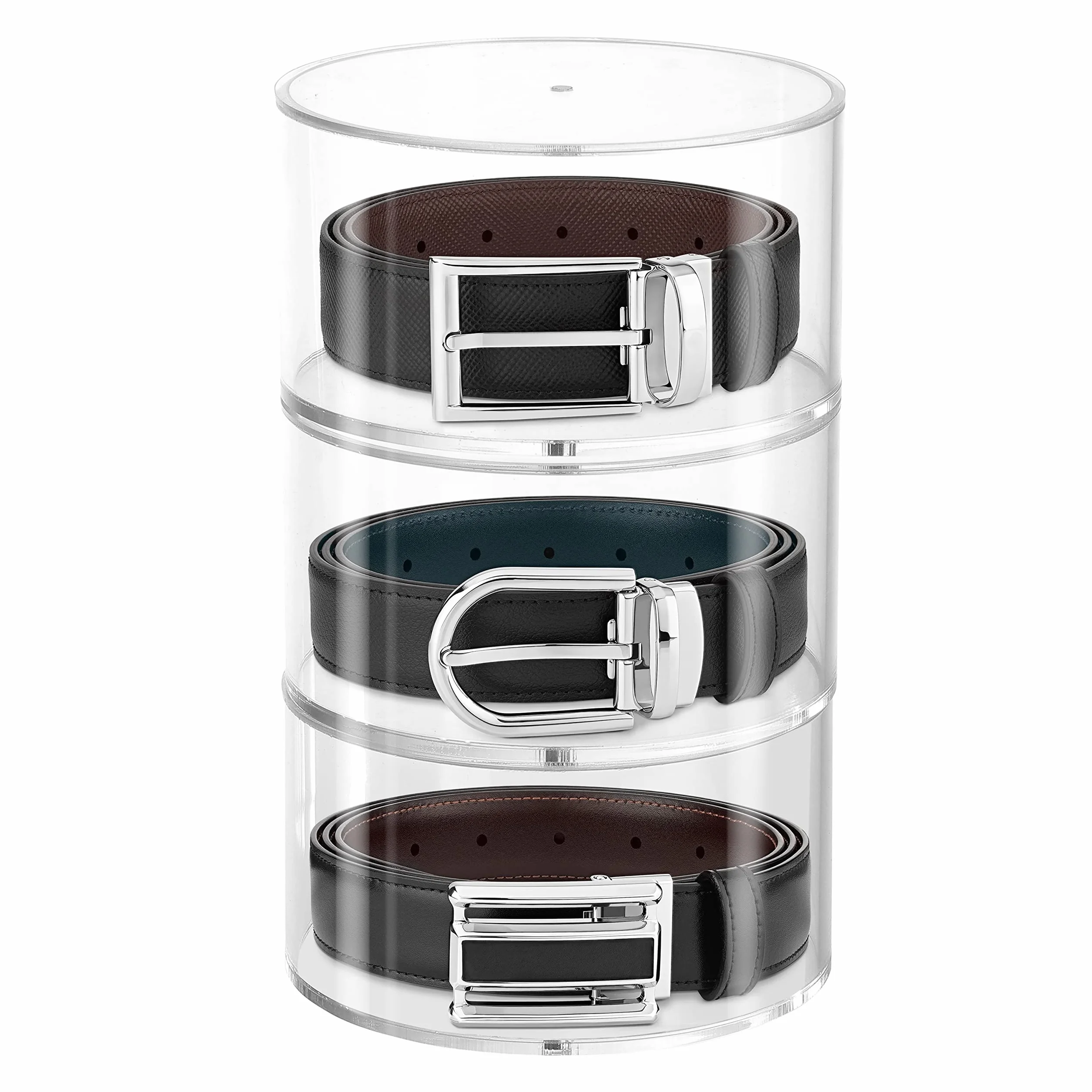 Organizer Cinture a 3 Livelli - Porta Cinture Trasparente Rotondo con Coperchi Magnetici - Organizer Trasparente in Plastica Impilabile - Espositore Cinture, Gioielli, Porta Orologi Uomo, Trucchi