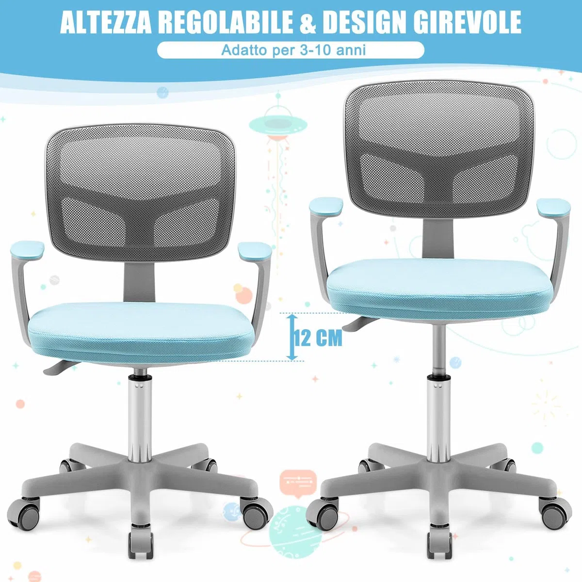 GYMAX Sedia da Scrivania per Bambini, Carico 150 kg, Sedia Ergonomica, Altezza Regolabile, Girevole a 360° (BLU)