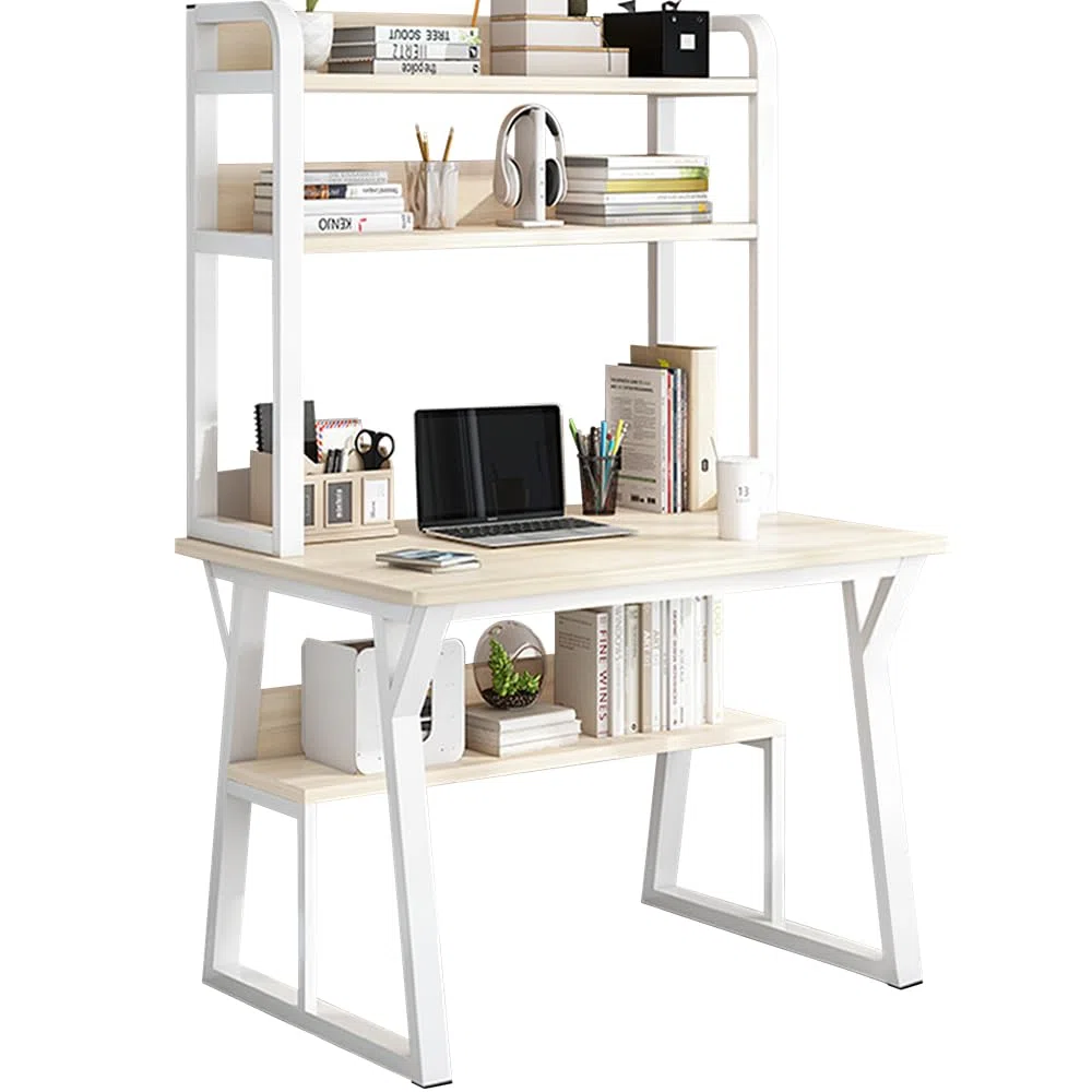 80 x 50 cm, Scrivania per Computer a 4 Livelli, con Vano Portaoggetti, con Libreria, Tavolo per Ufficio, Studio, Camera da Letto, Bianco e Beige Chiaro