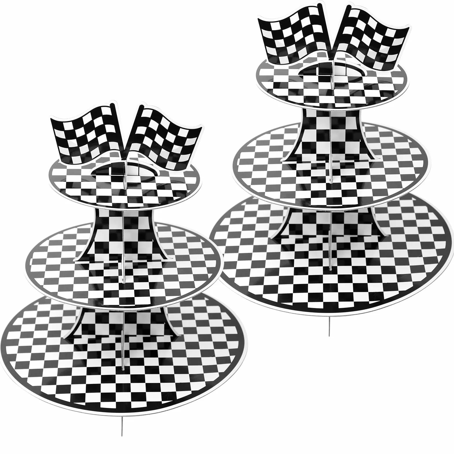 PEUTIER 2pz Decorazioni per Feste di Compleanno Auto, Supporto per Cupcake 3 Livelli per 48 Cupcake con Bandiera Scacchi in Bianco e Nero Forniture per Feste a Tema Auto per Ragazzi Uomini
