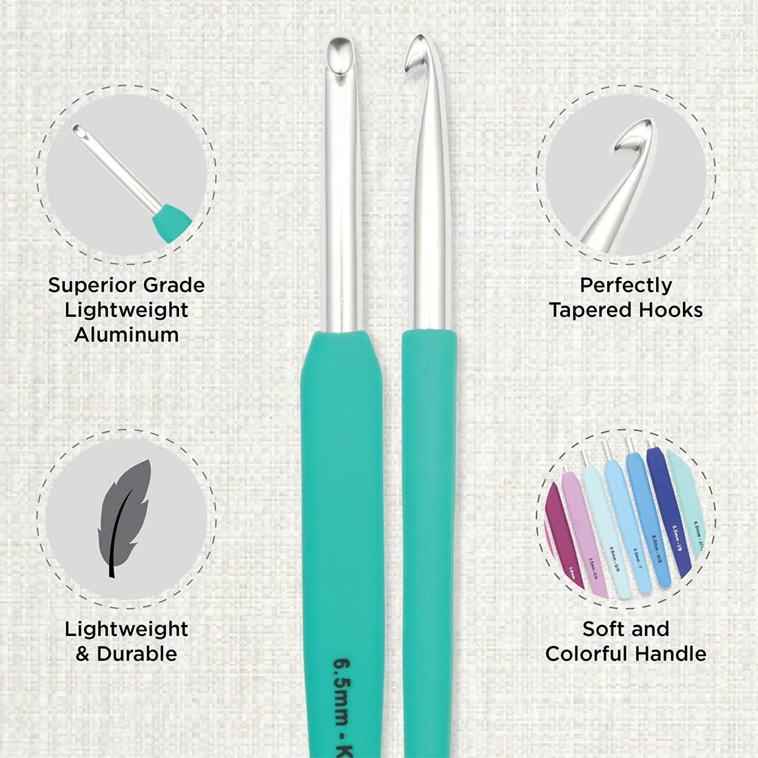 KnitPro Waves - Set di 9 uncinetti Deluxe, misure da 2 a 6 mm, impugnatura morbida ergonomica, impugnatura in gomma morbida per mani artritiche, ferri da uncinetto leggeri e comodi per lavorare a