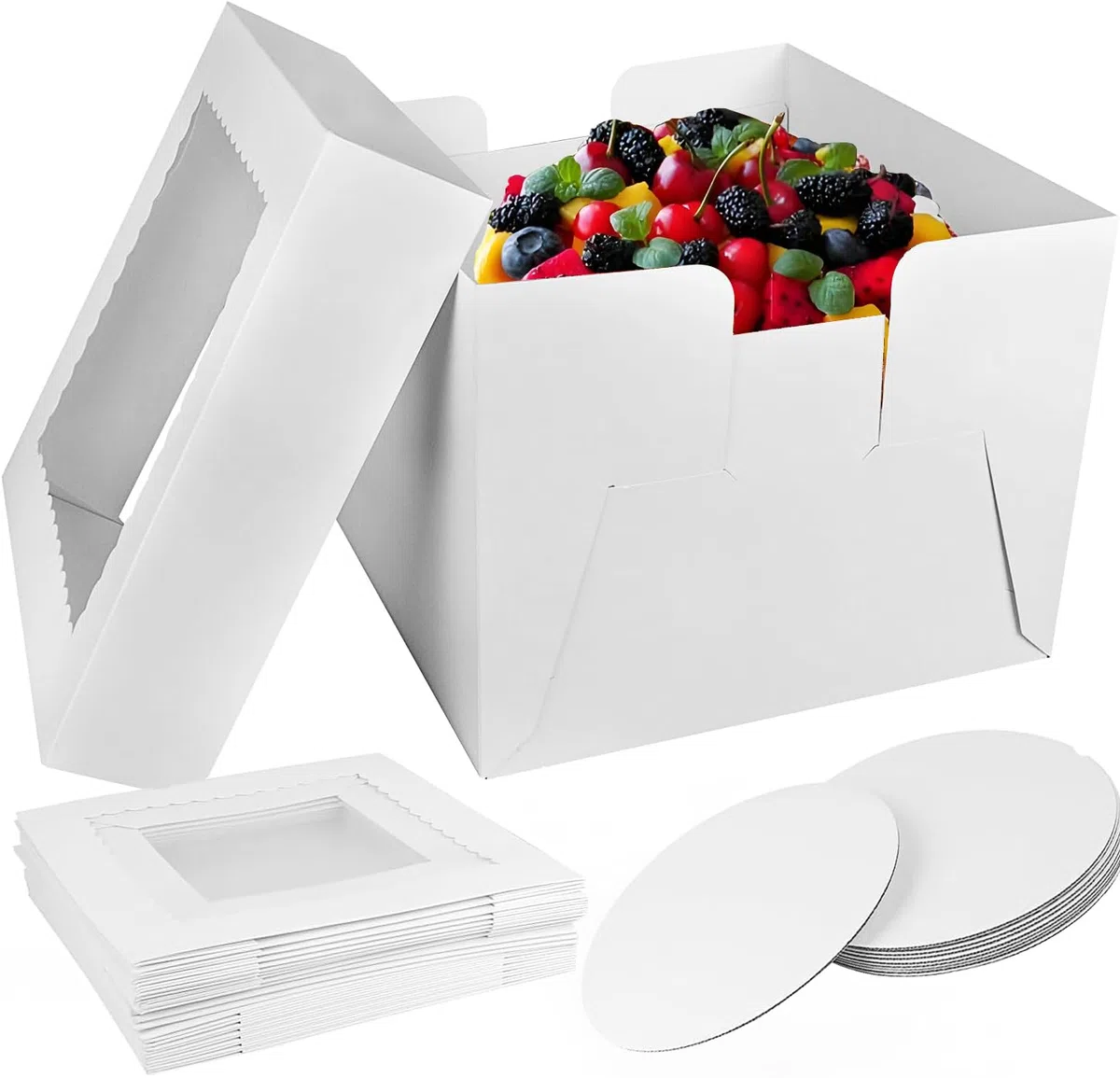 KUOGAS Scatola Torta in Cartone (30 x 30x 20cm), 10 pz Scatole per torte con finestra, Scatola alta per torte con vassoio, Scatola da trasporto per torte e pasticceria (12x12x8inch - 10Stk)