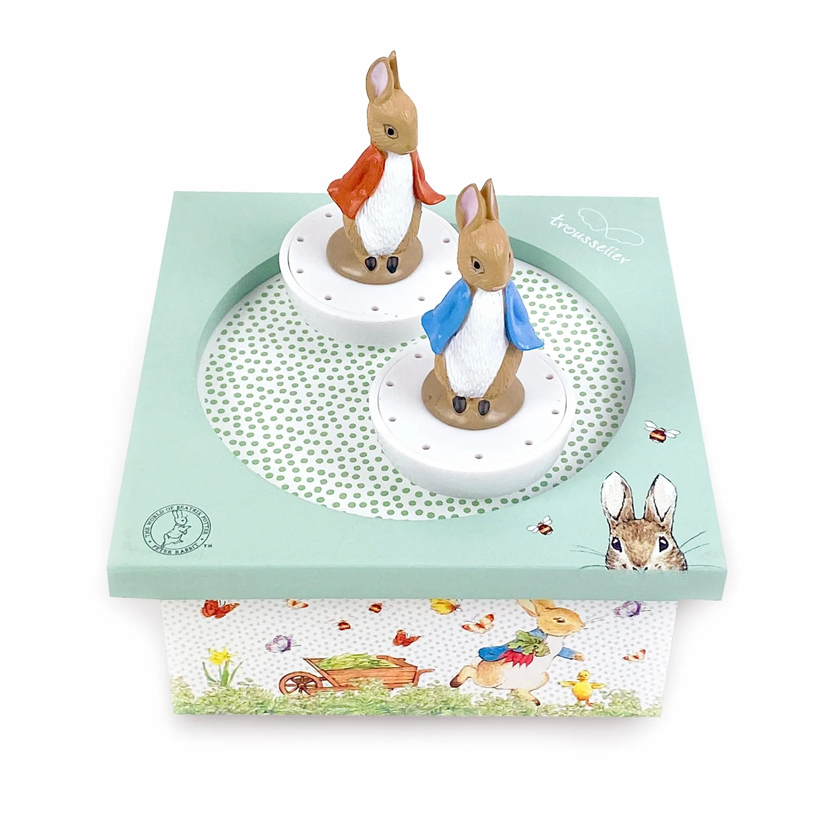 Trousselier - Peter Rabbit - Carillon danzante - 2 figure rimovibili - Facile da usare - Menuet De Mozart - Colore verde - 2 pezzi