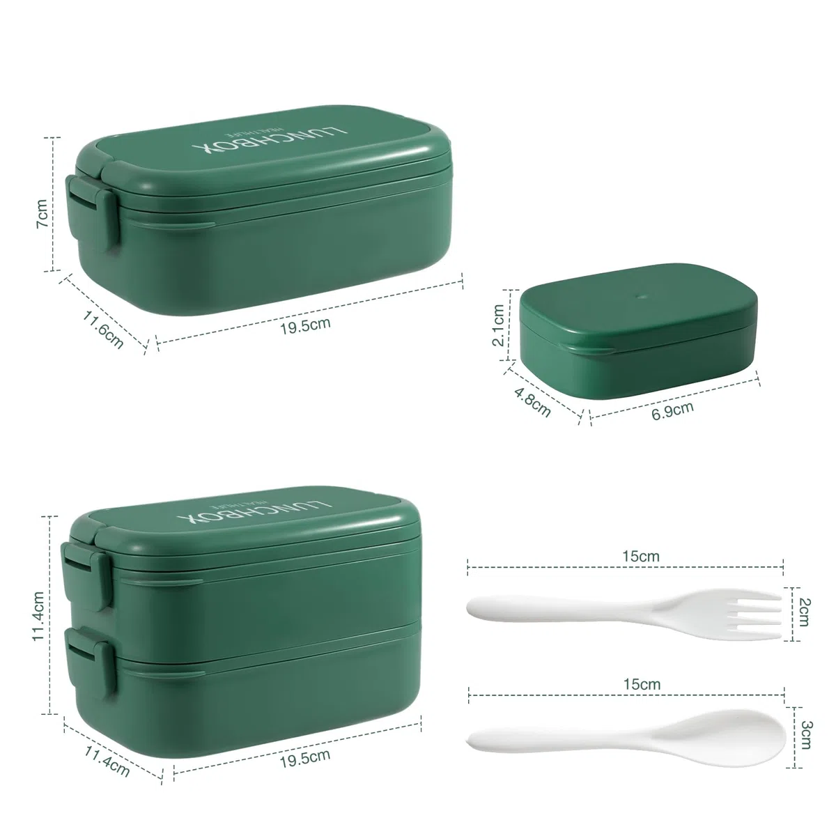 Bento Lunch Box Impilabile,Contenitori da 1400 ml con 4 scomparti e posate, scatole a 2 strati a prova di perdite, per adulti, bambini, ufficio, lavabili in lavastoviglie e microonde (Verde Puro)