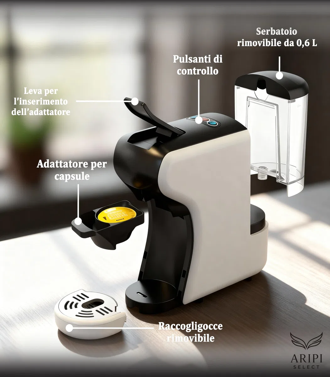 Macchina Caffè CIALDE e CAPSULE 7 in 1 Camry – Compatibile capsule Nespresso, Lavazza A Modo Mio, Dolce Gusto, Caffè Cialde ESE 44, Lavazza Blue, Caffitaly, Caffè Macinato – Kit con 10 Capsule Omaggio