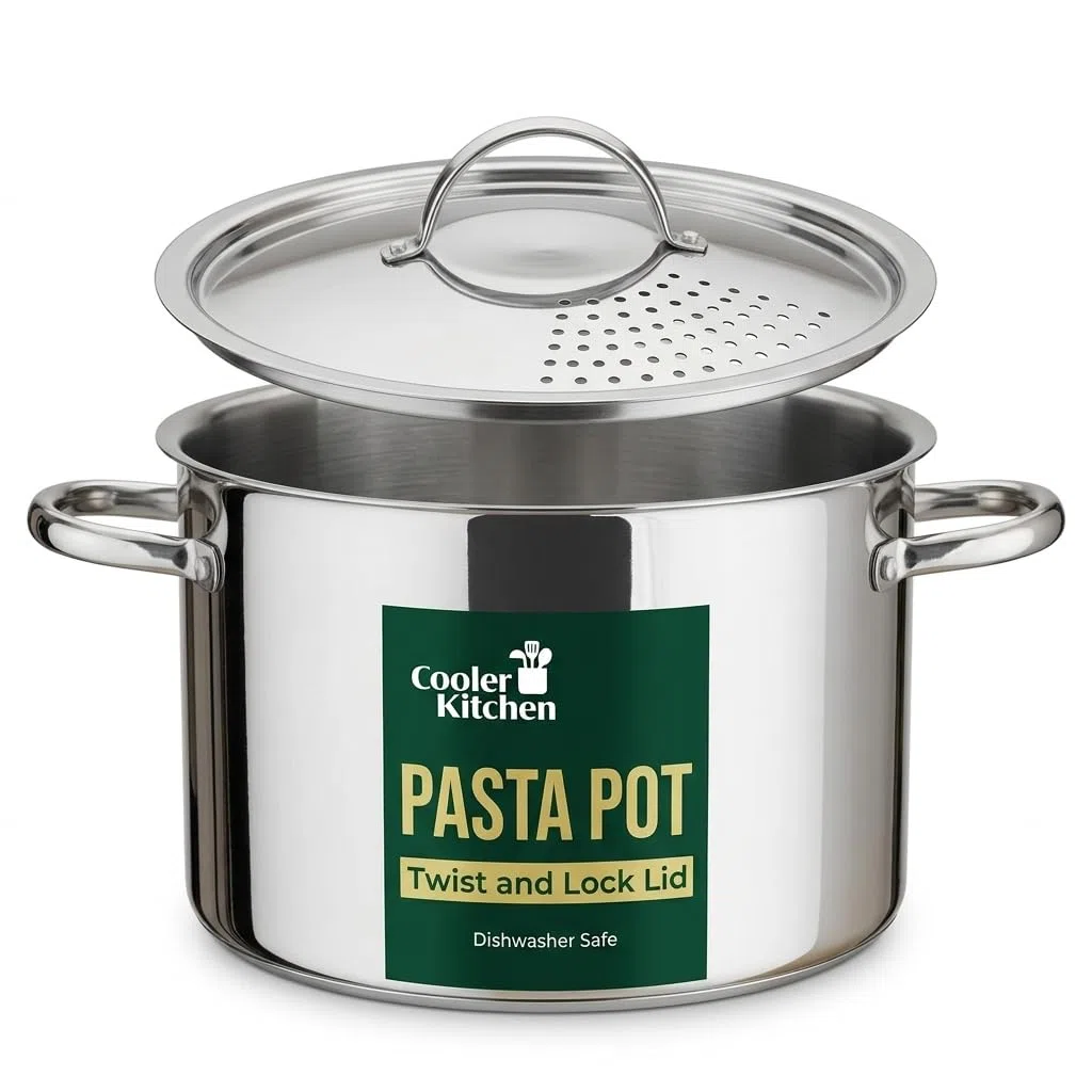Pentola per pasta in acciaio inox con coperchio con colino bloccabile, grande capacità da 5,5 litri, torsione e blocco per un facile svuotamento e senza bisogno di scolapasta o inserto per colino,