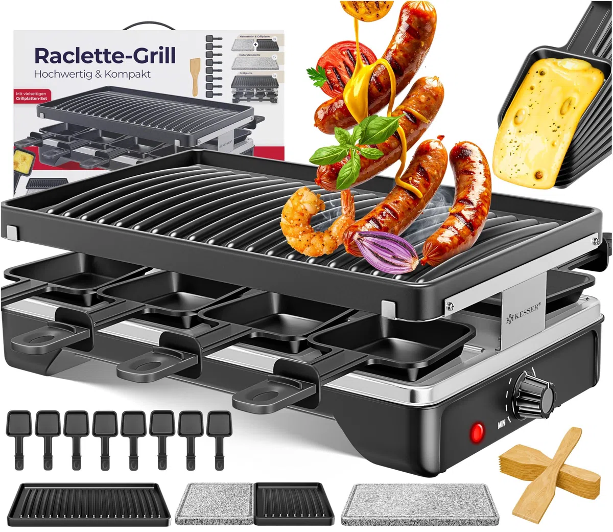 KESSER® Griglia per raclette con pietra naturale, piastra per grigliare griglia da tavolo per 8 persone, griglia elettrica per raclette con piastra antiaderente, 8 pentole e spatola, Nero