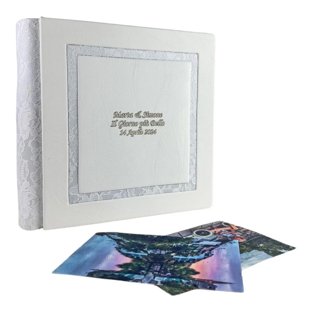 Album fotografico - Giove Double - produzione artigianale in similpelle, personalizzabile con incisione. classico con velina, Matrimonio, Compleanno, Regalo, Wedding, Anniversario (Bianco/Macramè)