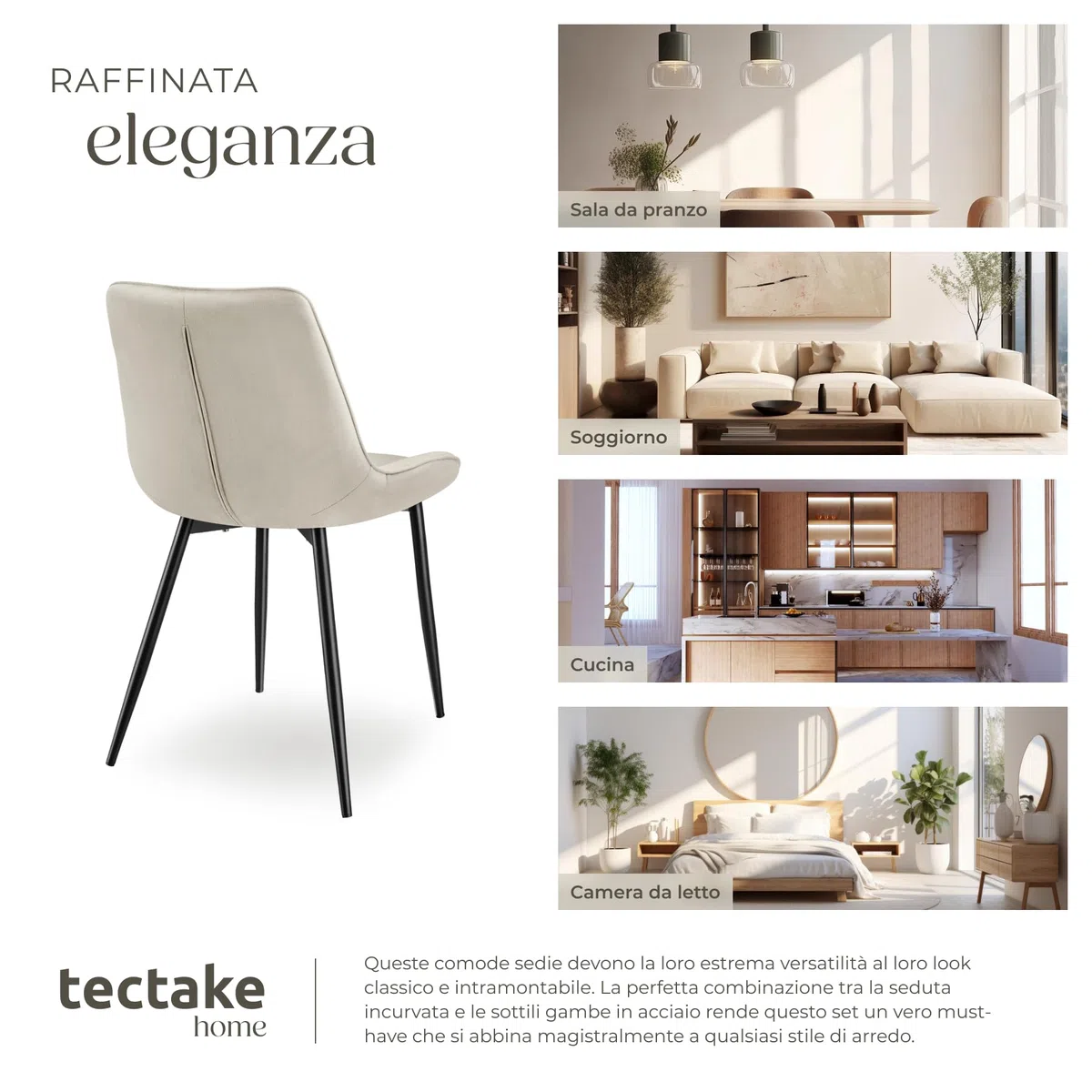 tectake® Set 2 Sedie Sala da Pranzo Effetto Velluto, Sedie Soggiorno con Morbida Imbottitura, Seduta Ergonomica, Poltrone Velluto Versatili, Sedie Design Moderno - Crema