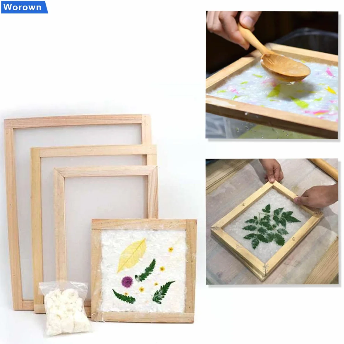 Worown 4 misure (A4, A5, A6 e A7) 2 in 1 schermo in legno per la creazione della carta, stampo per la creazione della carta, cornice in legno per fai da te