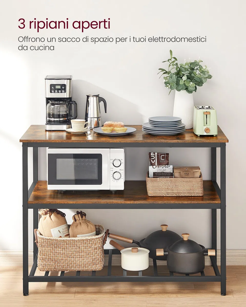 VASAGLE Isola da Cucina con Ampio Piano di Lavoro, Scaffale a 3 Livelli, Struttura in Acciaio, 60 x 120 x 90 cm, Stile Industriale, Facile da Montare, Marrone Vintage e Nero KKI01BX